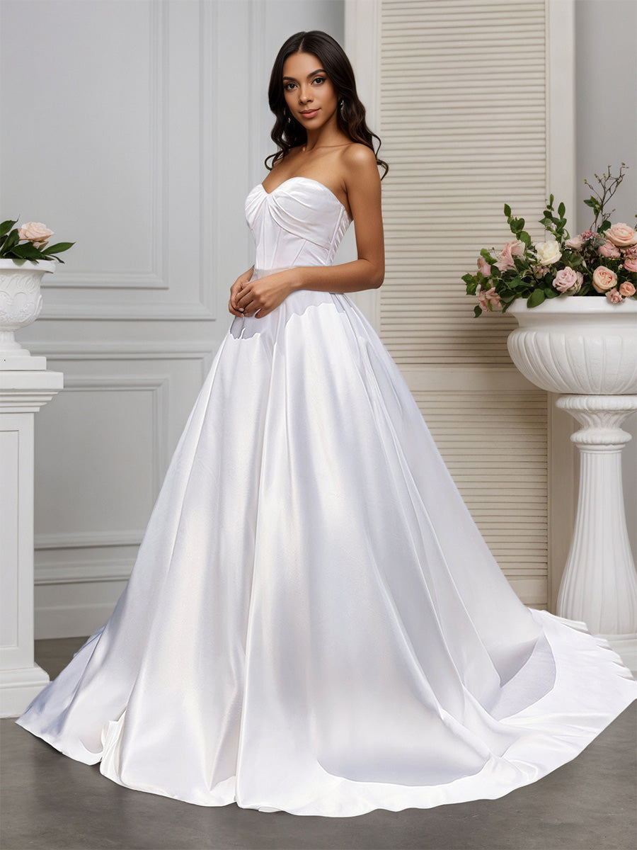 Cicinia Ivoire Robe de Mariée A-Line en Satin sans Bretelles sans Manches ruchée