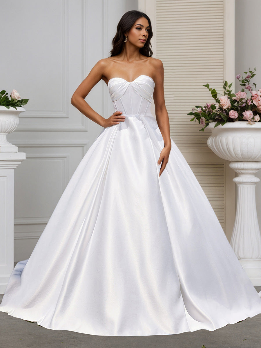 Cicinia Ivoire Robe de Mariée A-Line en Satin sans Bretelles sans Manches ruchée