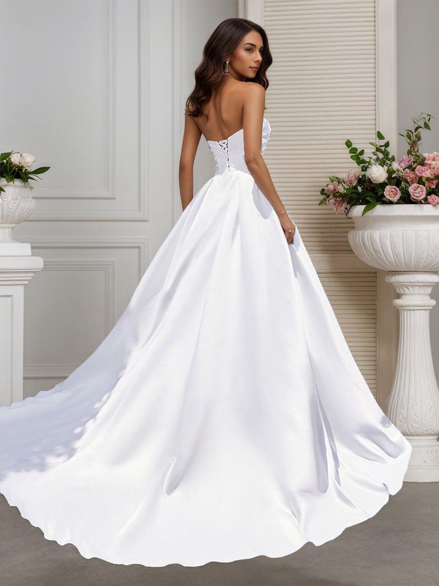 Cicinia Ivoire Robe de Mariée A-Line en Satin sans Bretelles sans Manches ruchée