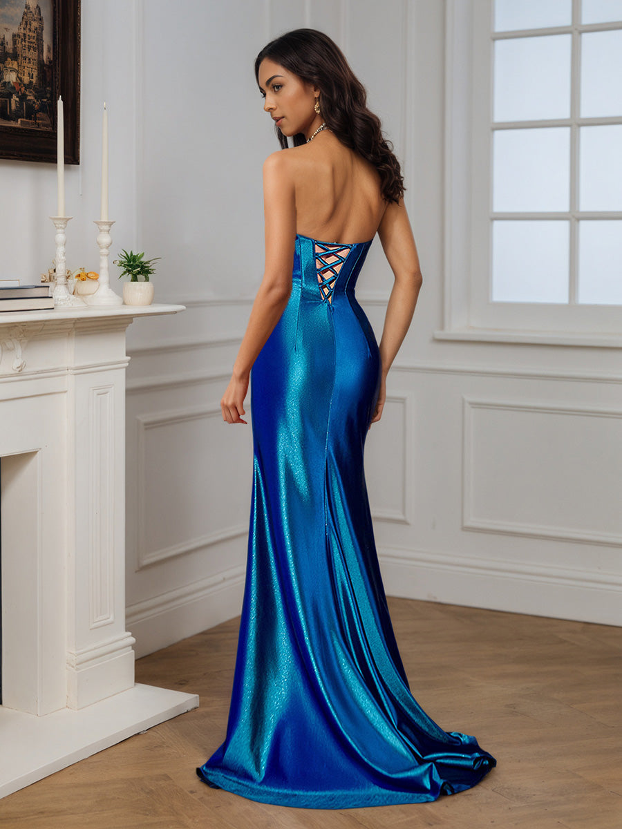 Cicinia Bleu Océan Robe de Soirée en Satin sans Bretelles ruchée à Bretelles Détachables