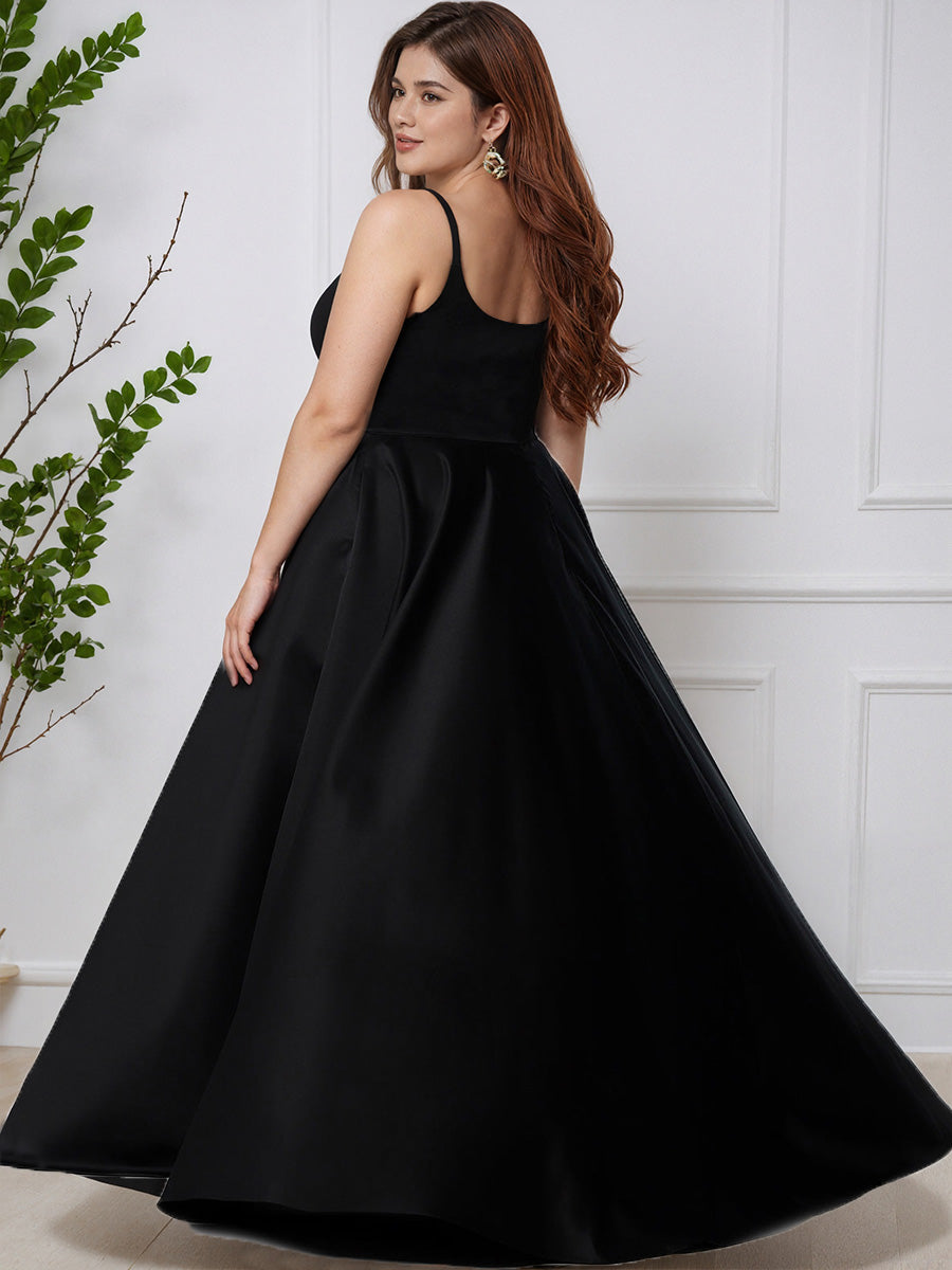 Cicinia Noir Robe de Bal Longue Simple en Satin Trapèze Grande Taille