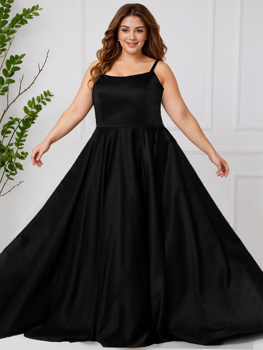 Cicinia Noir Robe de Bal Longue Simple en Satin Trapèze Grande Taille