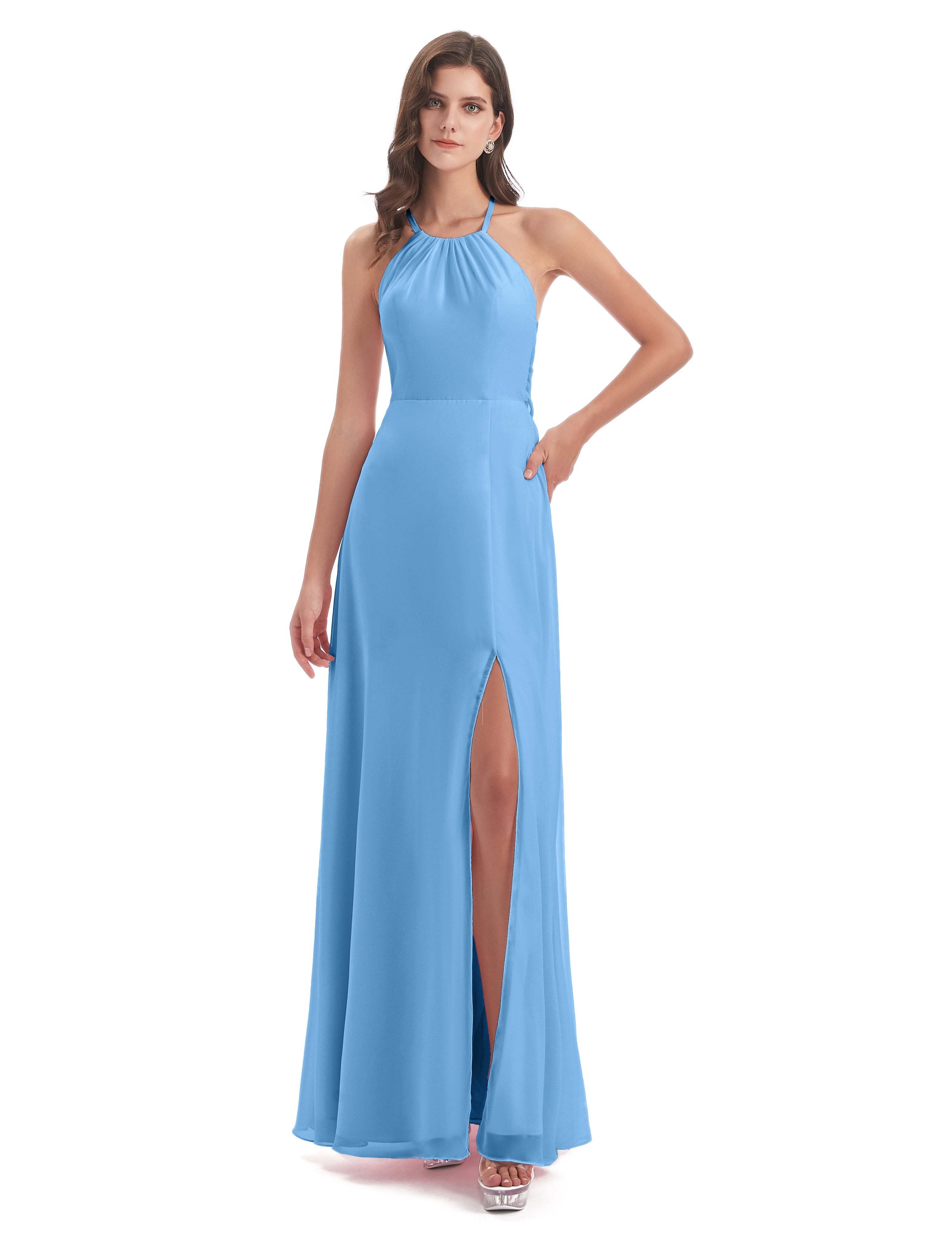 Robes De Demoiselle D'Honneur Bleues Longues Dos Nu Licou Fendue Robes Demoiselle D'Honneur