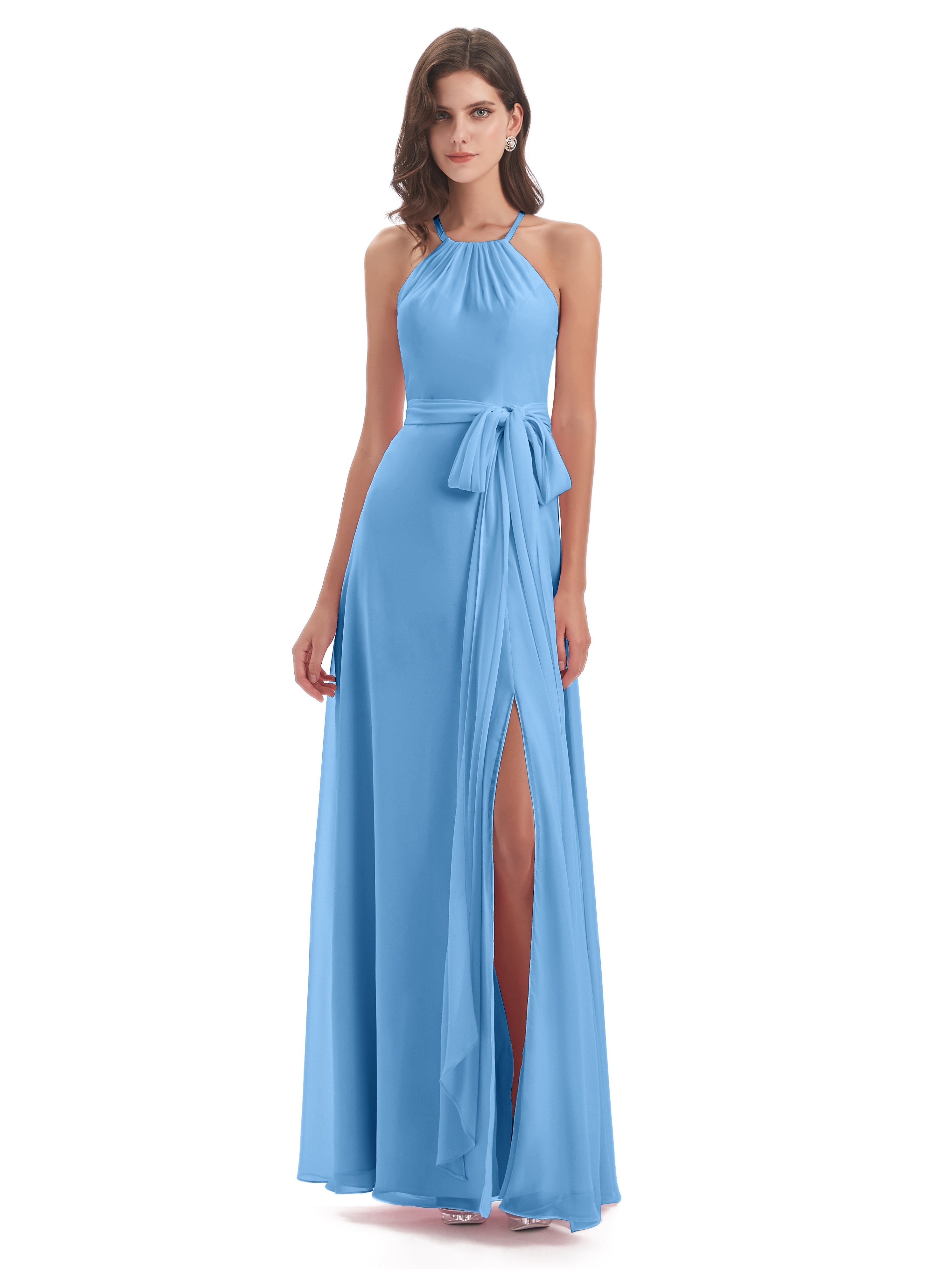 Robes De Demoiselle D'Honneur Bleues Longues Dos Nu Licou Fendue Robes Demoiselle D'Honneur