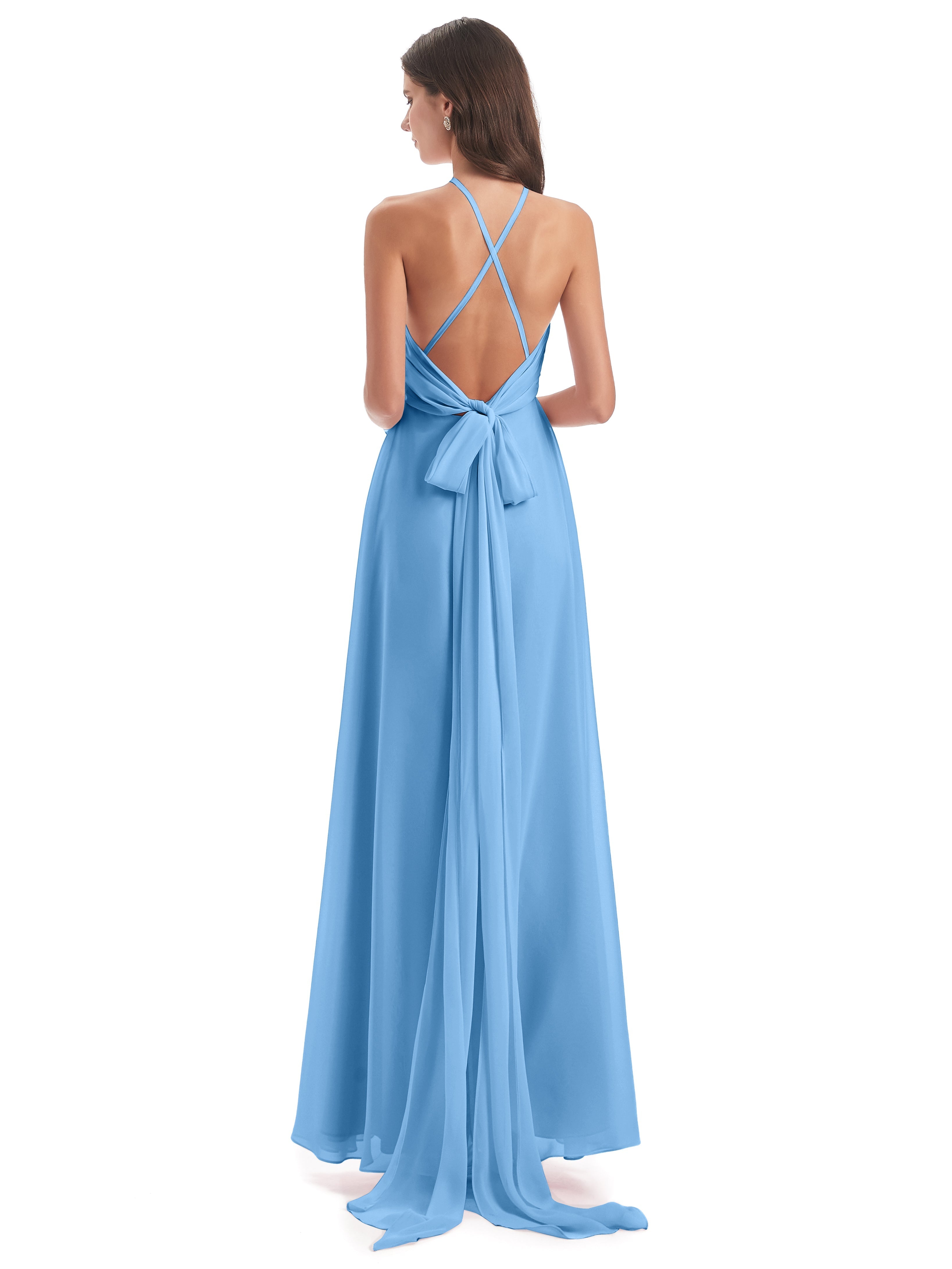 Robes De Demoiselle D'Honneur Bleues Longues Dos Nu Licou Fendue Robes Demoiselle D'Honneur