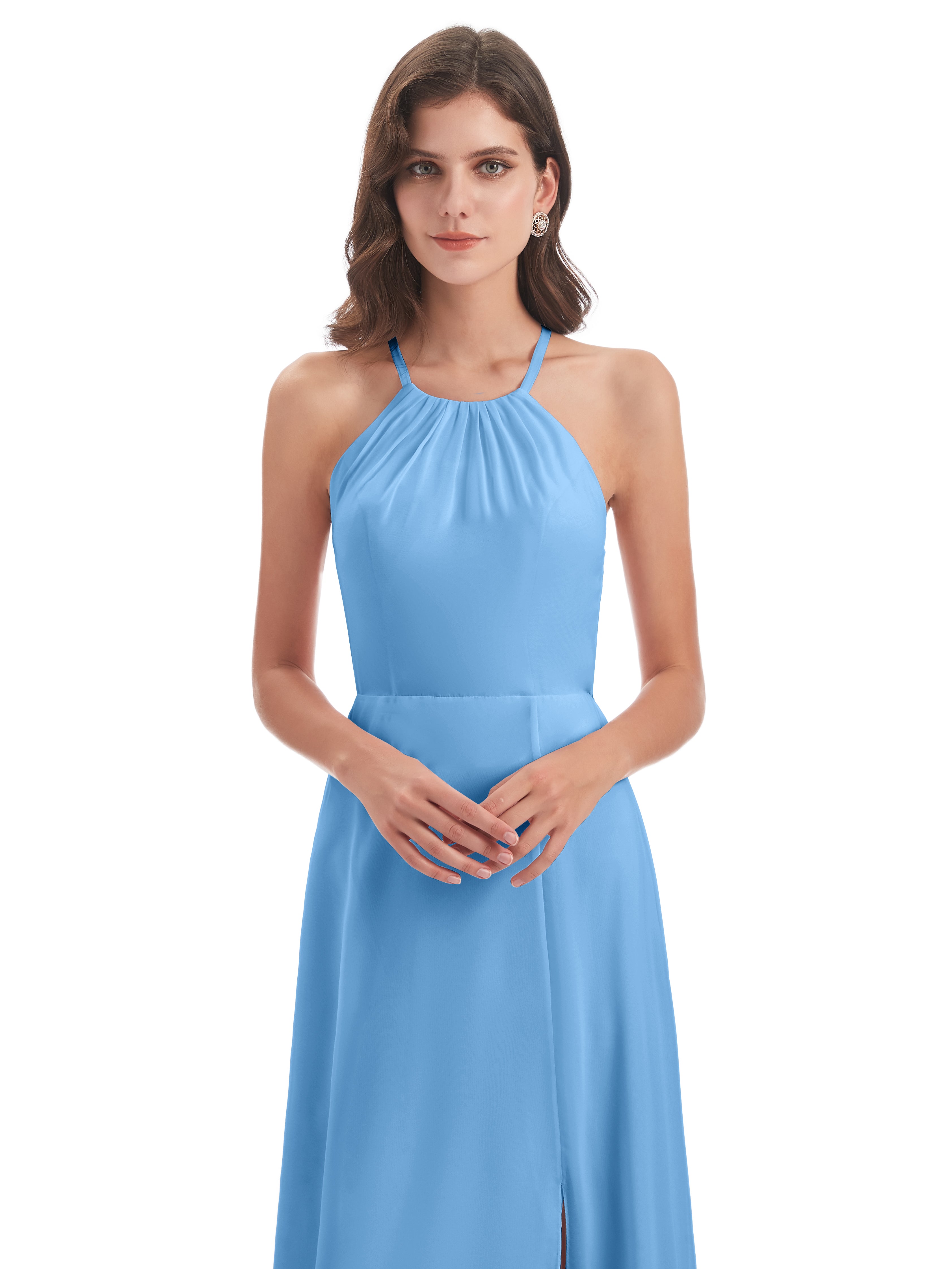 Robes De Demoiselle D'Honneur Bleues Longues Dos Nu Licou Fendue Robes Demoiselle D'Honneur