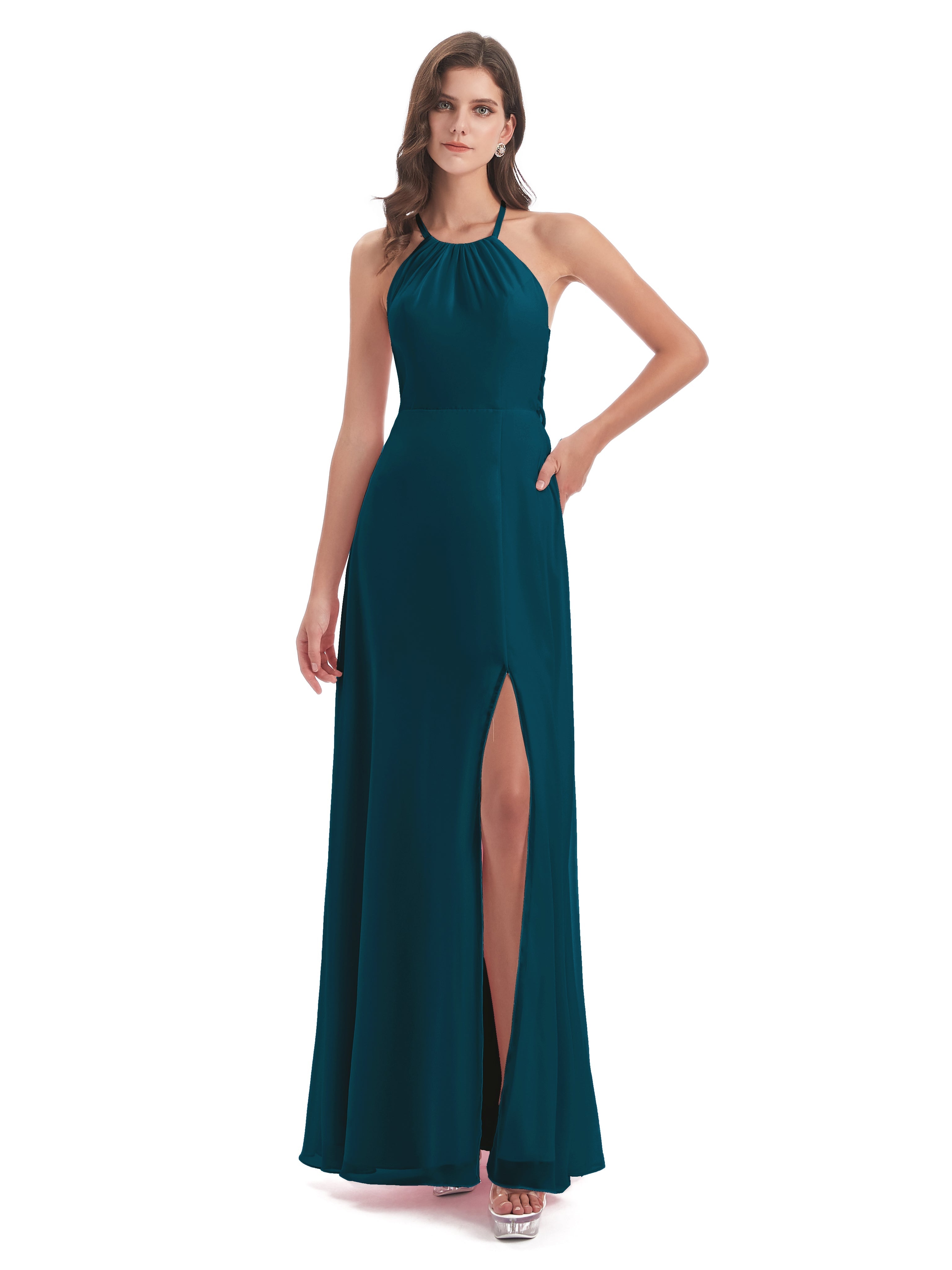Robe De Demoiselle D'Honneur Bleu Encre Dos Nu Licou Fendue Robes Demoiselle D'Honneur