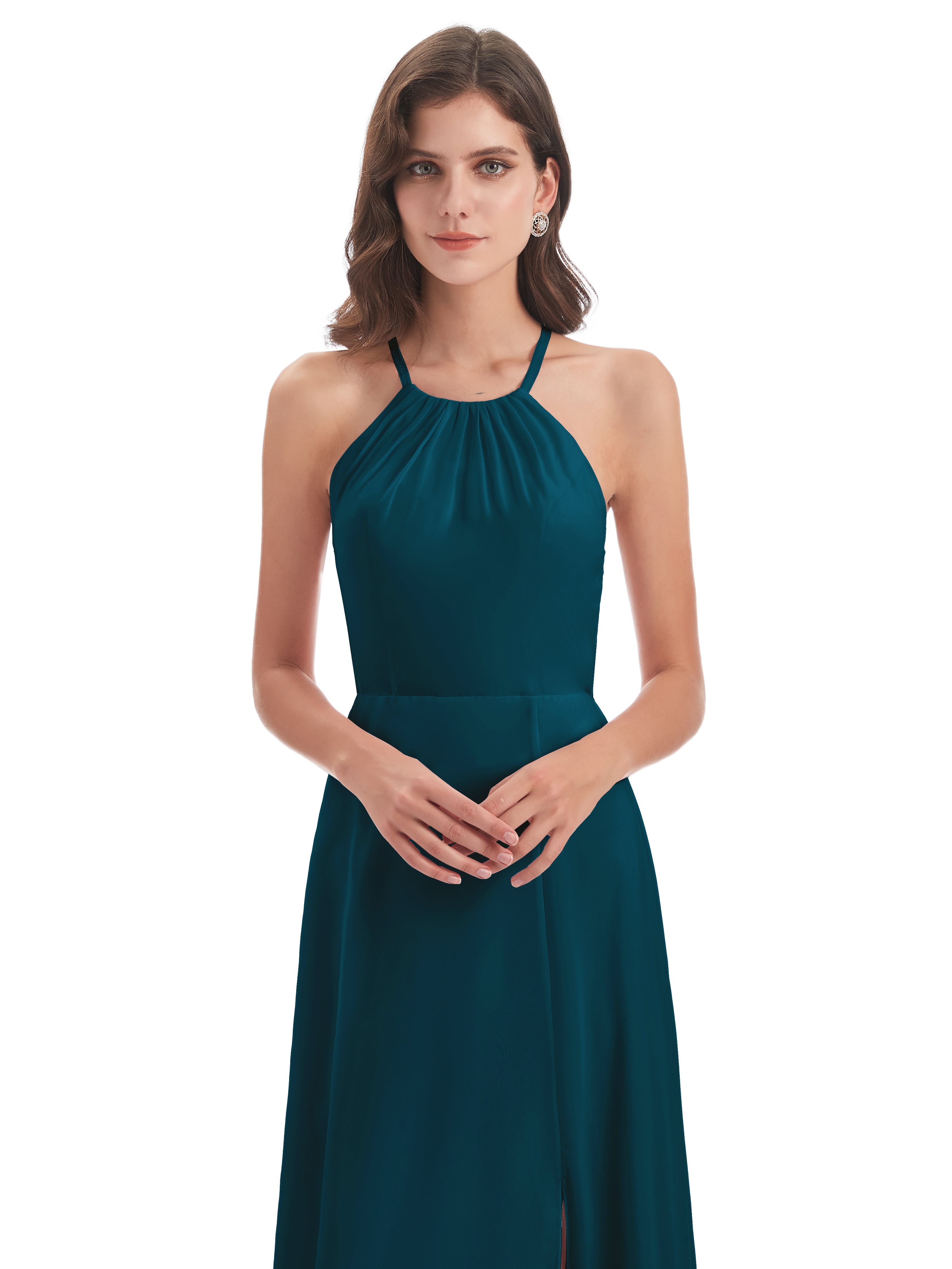 Robe De Demoiselle D'Honneur Bleu Encre Dos Nu Licou Fendue Robes Demoiselle D'Honneur