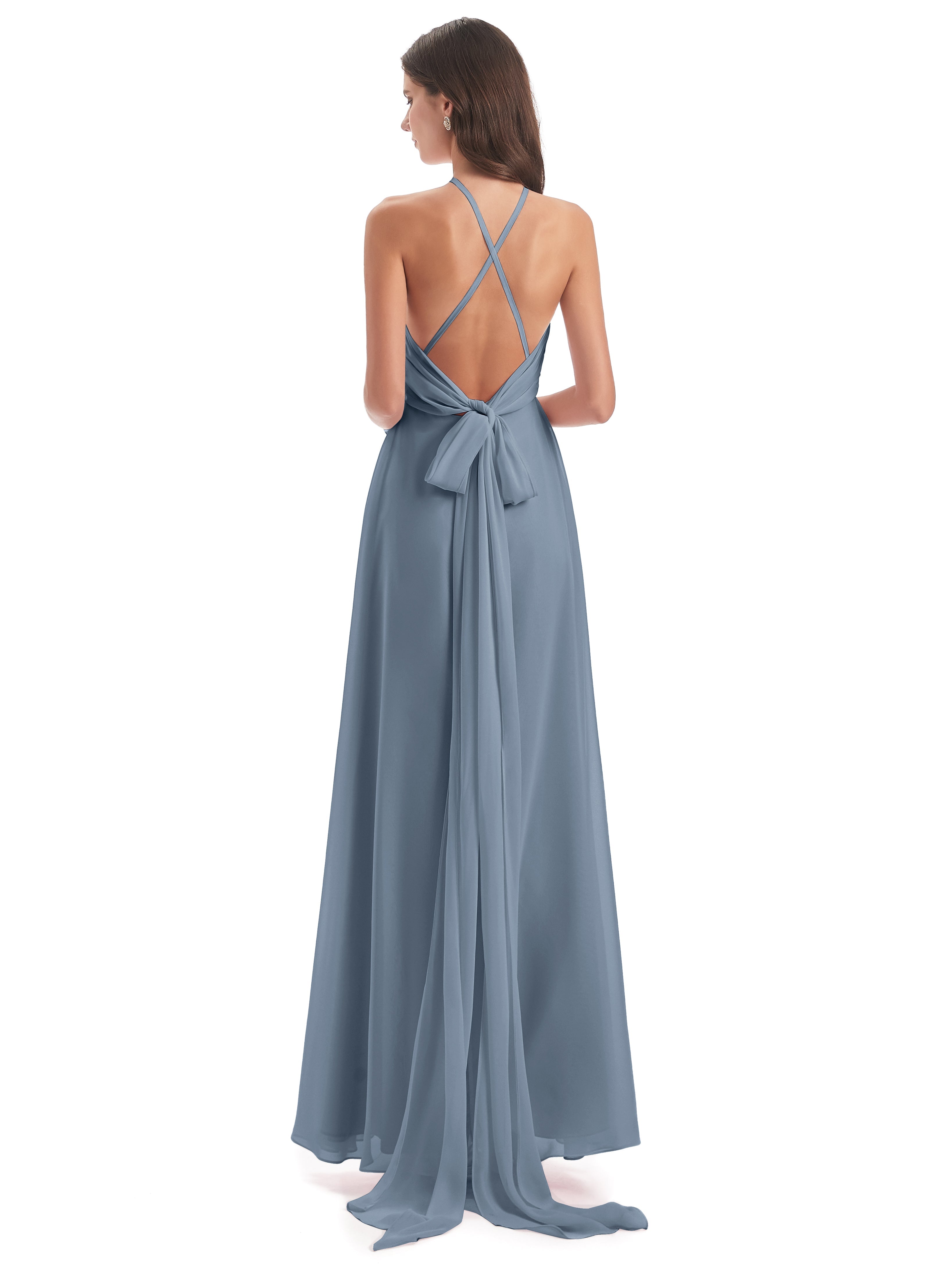 Robe Demoiselle D Honneur Bleu Poussiereux Dos Nu Licou Fendue Robes Demoiselle D'Honneur