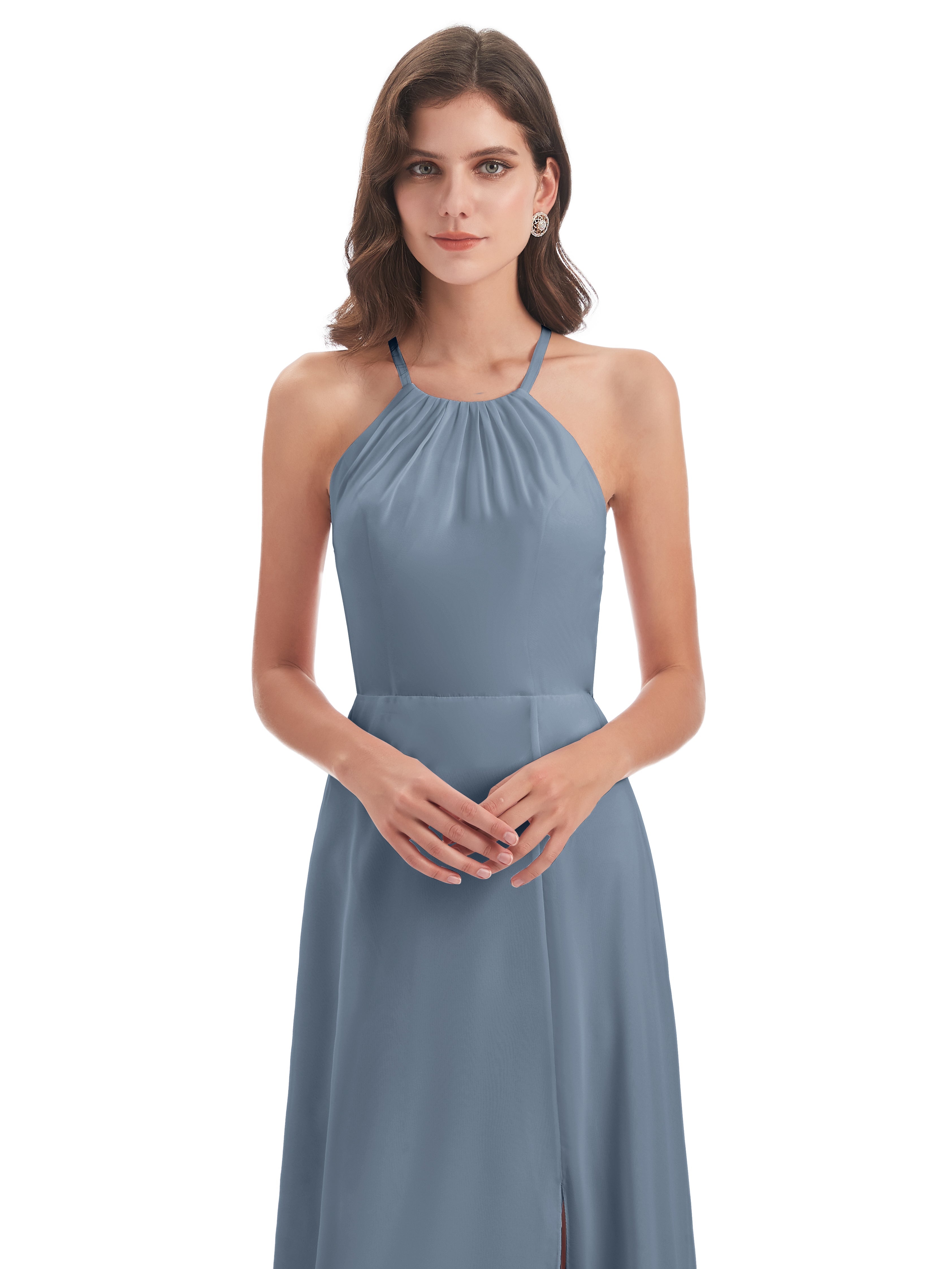 Robe Demoiselle D Honneur Bleu Poussiereux Dos Nu Licou Fendue Robes Demoiselle D'Honneur