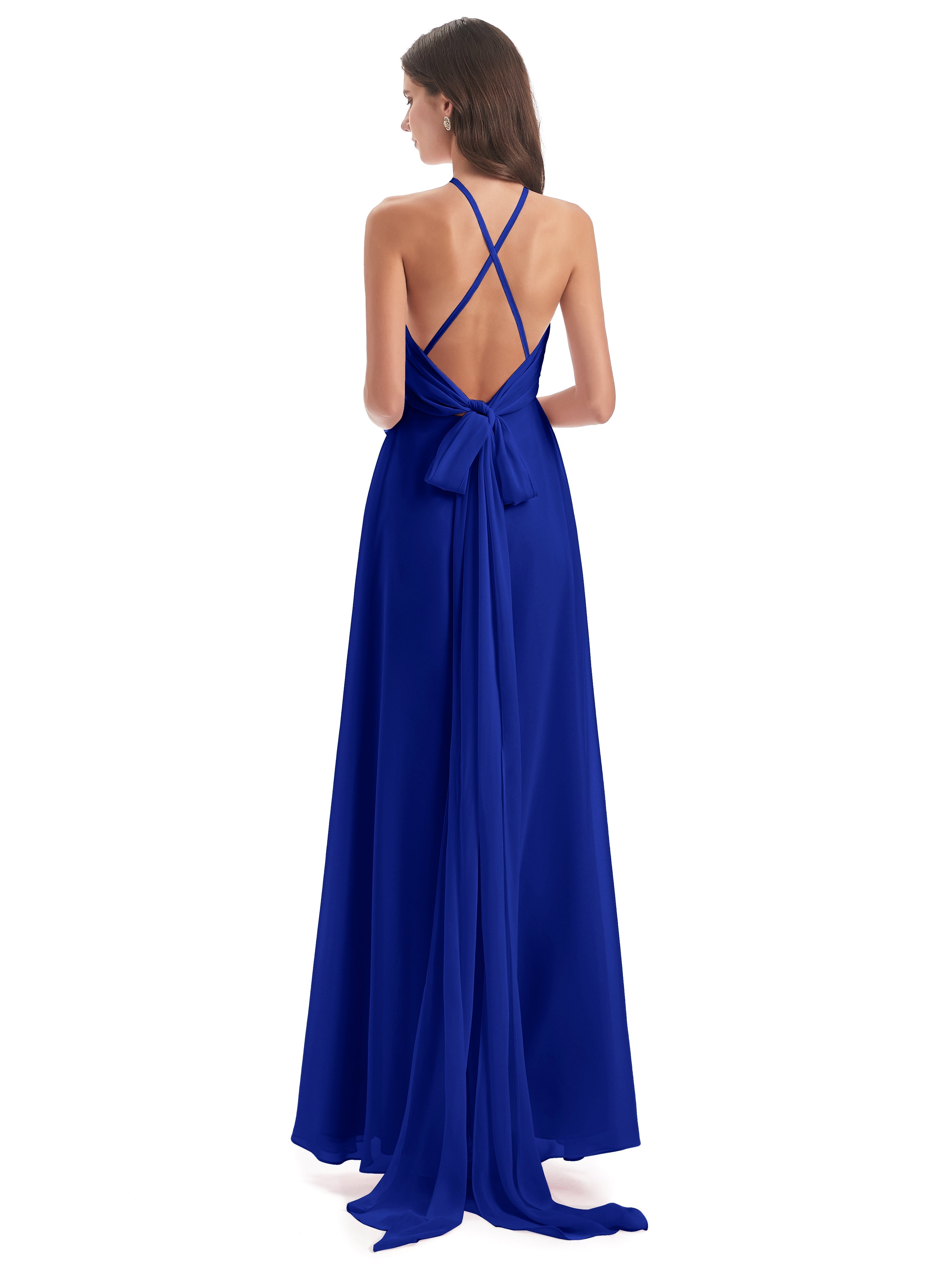 Robes De Demoiselle D'Honneur Bleu Royal Dos Nu Licou Fendue Robes Demoiselle D'Honneur