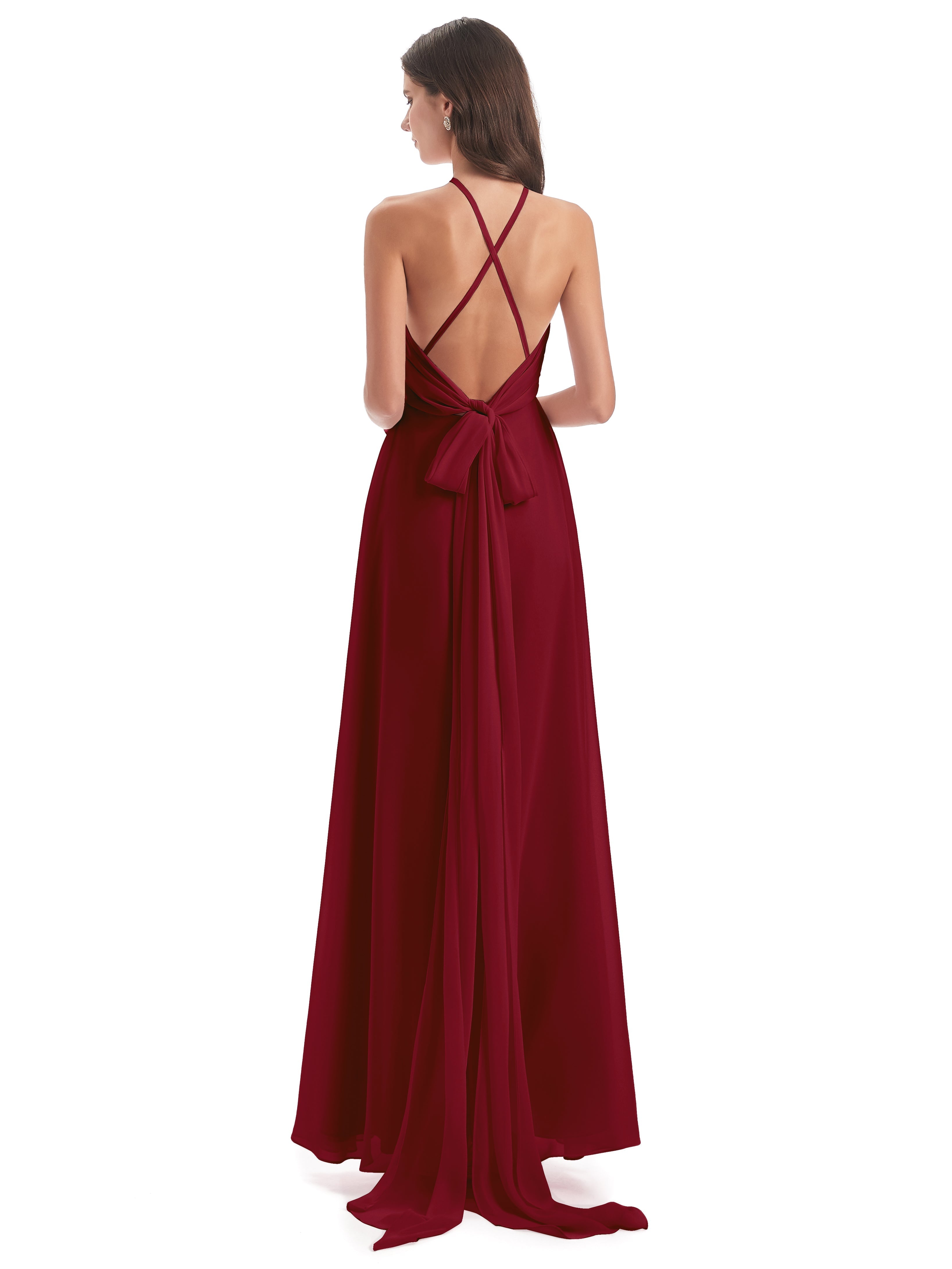 Robes De Demoiselle D'Honneur Bordeaux Longues Dos Nu Licou Fendue Robes Demoiselle D'Honneur