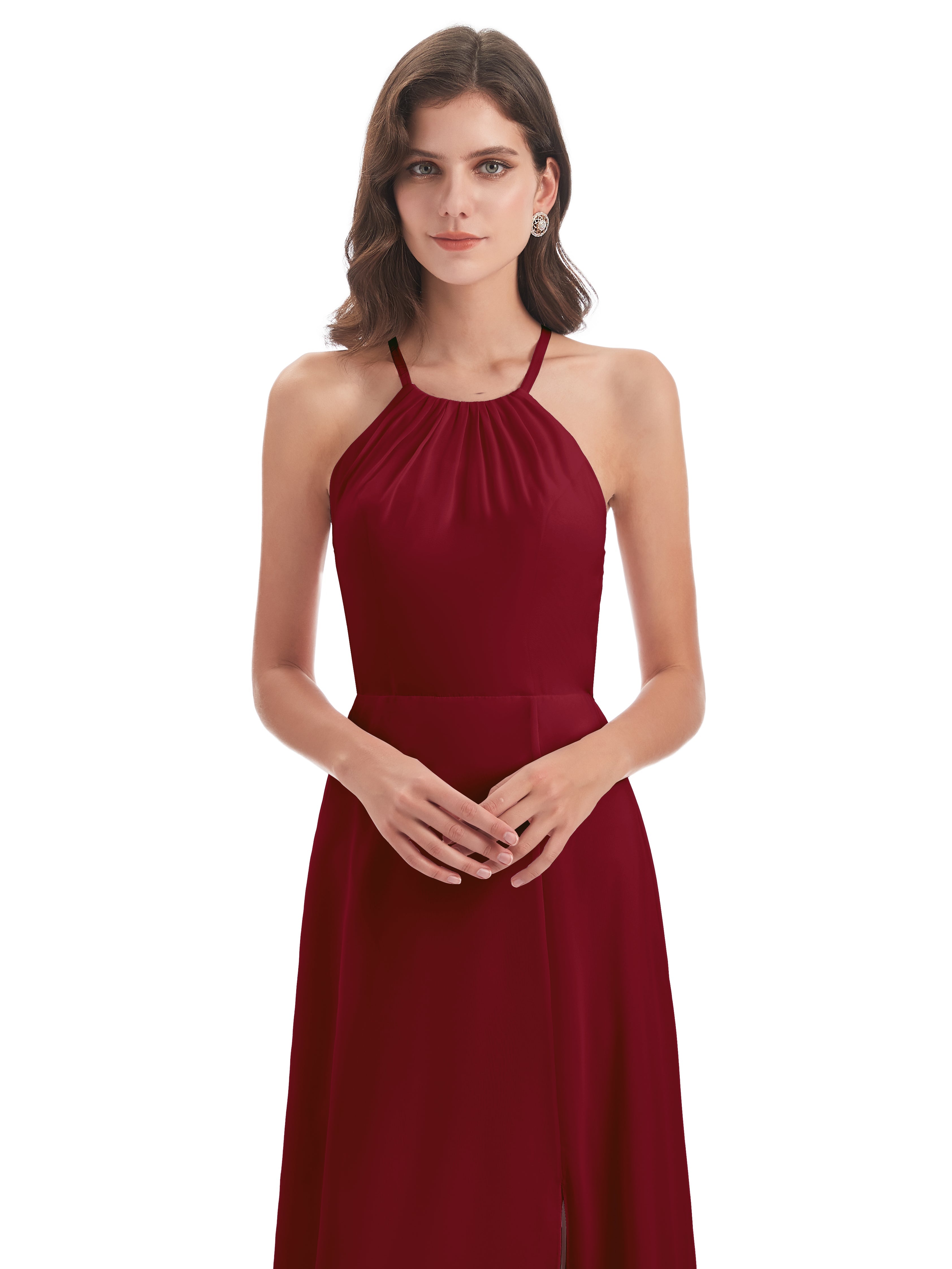 Robes De Demoiselle D'Honneur Bordeaux Longues Dos Nu Licou Fendue Robes Demoiselle D'Honneur