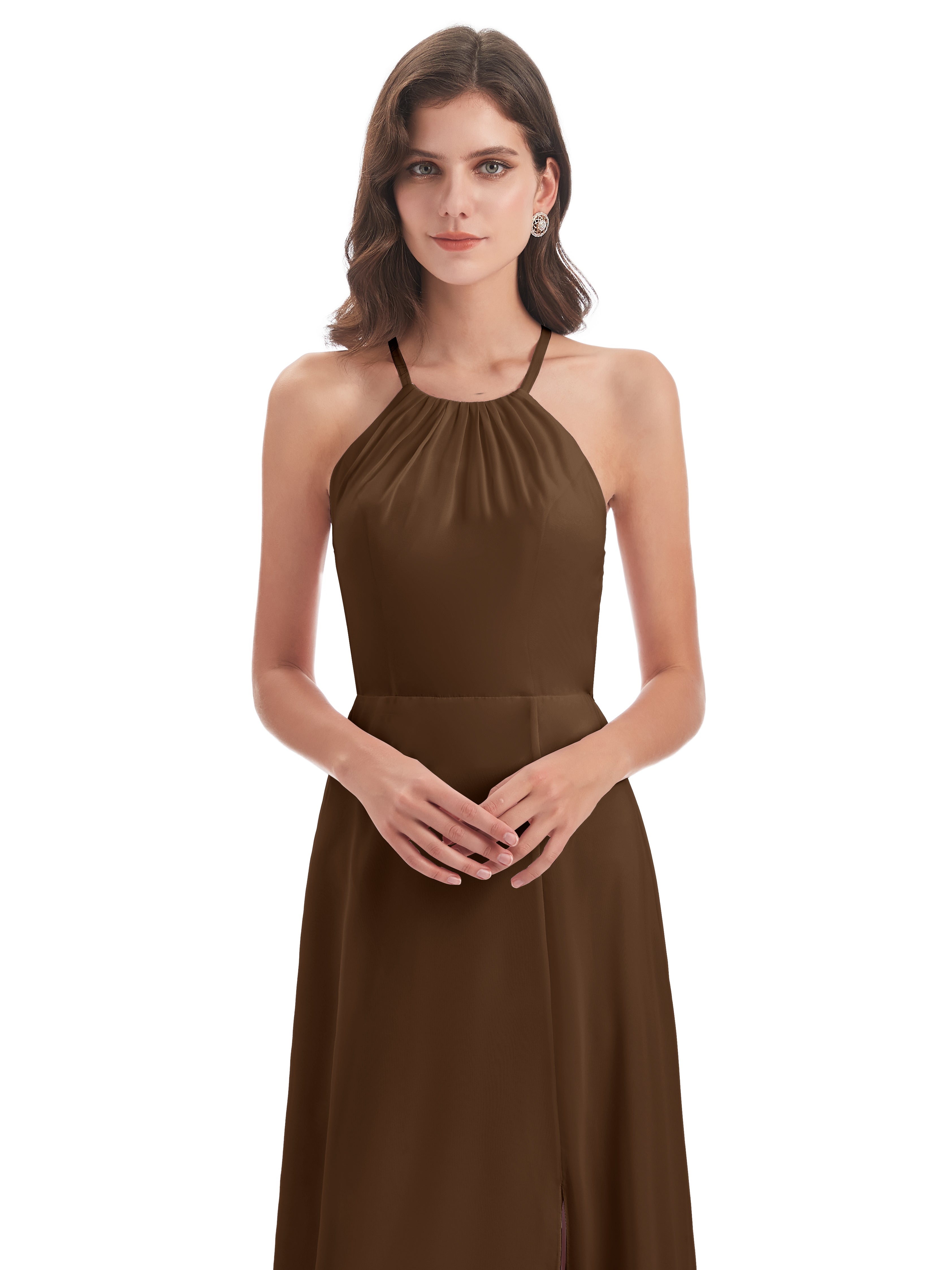Robe Demoiselle D Honneur Brun Dos Nu Licou Fendue Robes Demoiselle D'Honneur