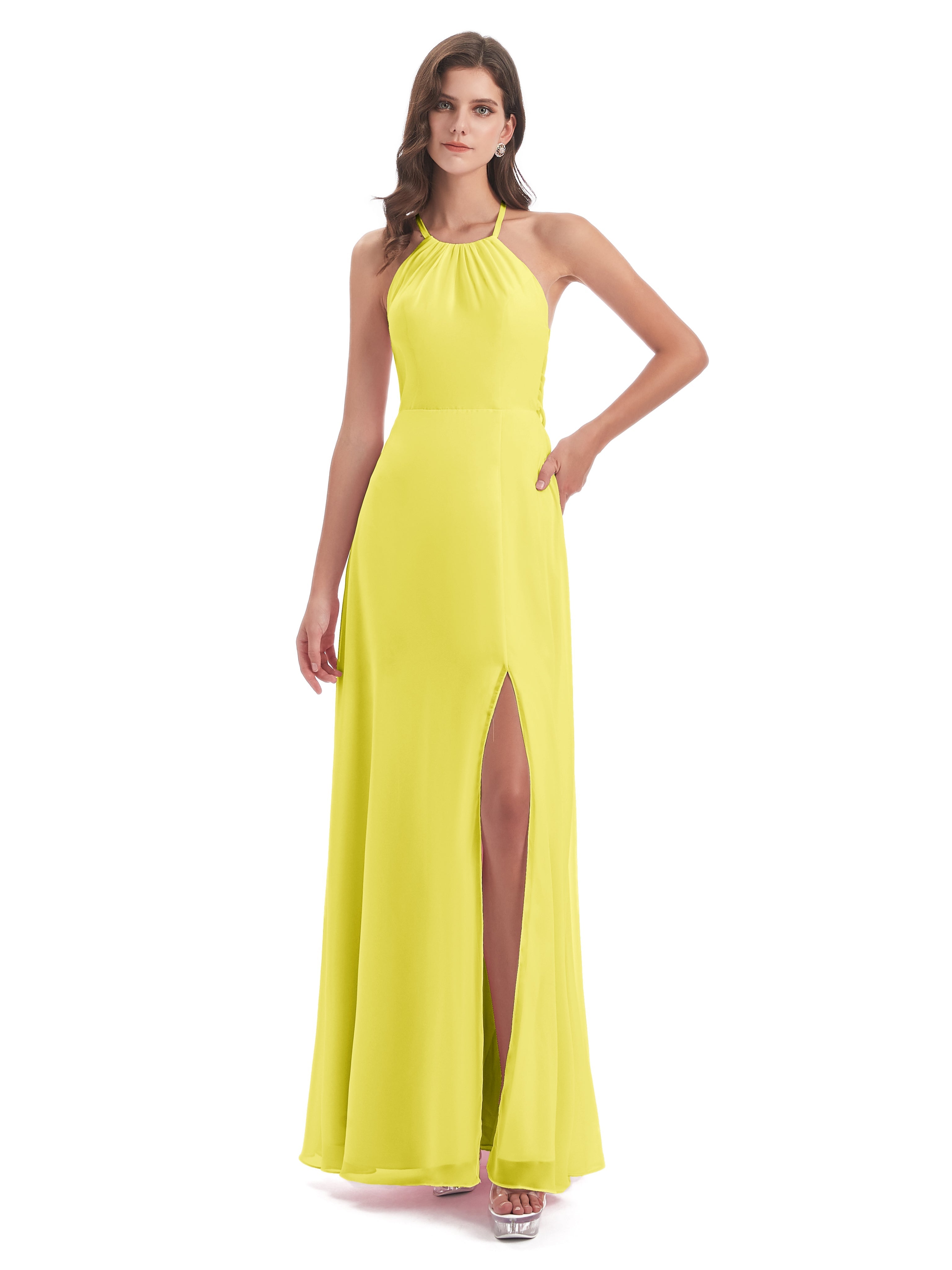 Robes De Demoiselle D'Honneur Citron Dos Nu Licou Fendue Robes Demoiselle D'Honneur