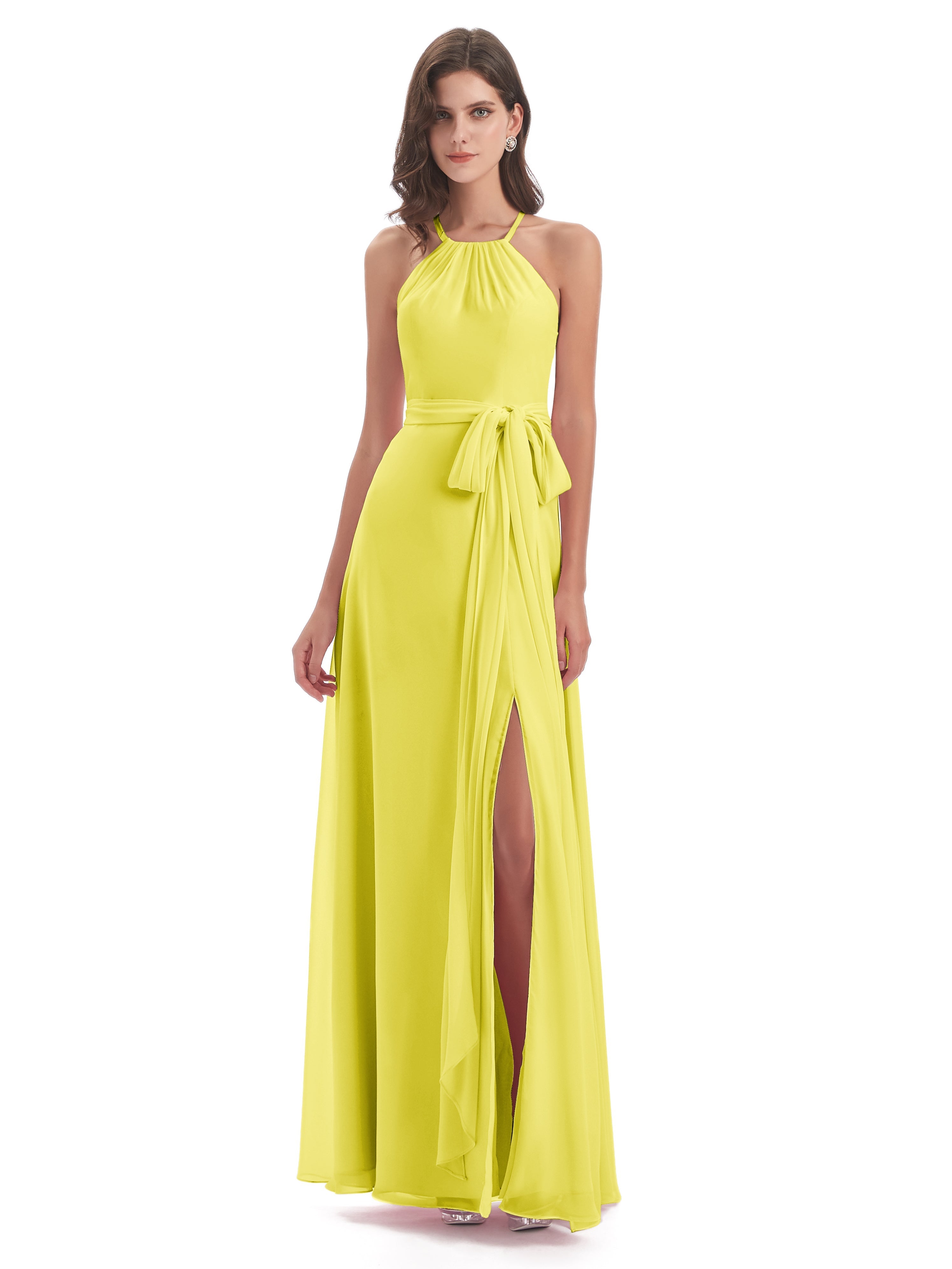 Robes De Demoiselle D'Honneur Citron Dos Nu Licou Fendue Robes Demoiselle D'Honneur
