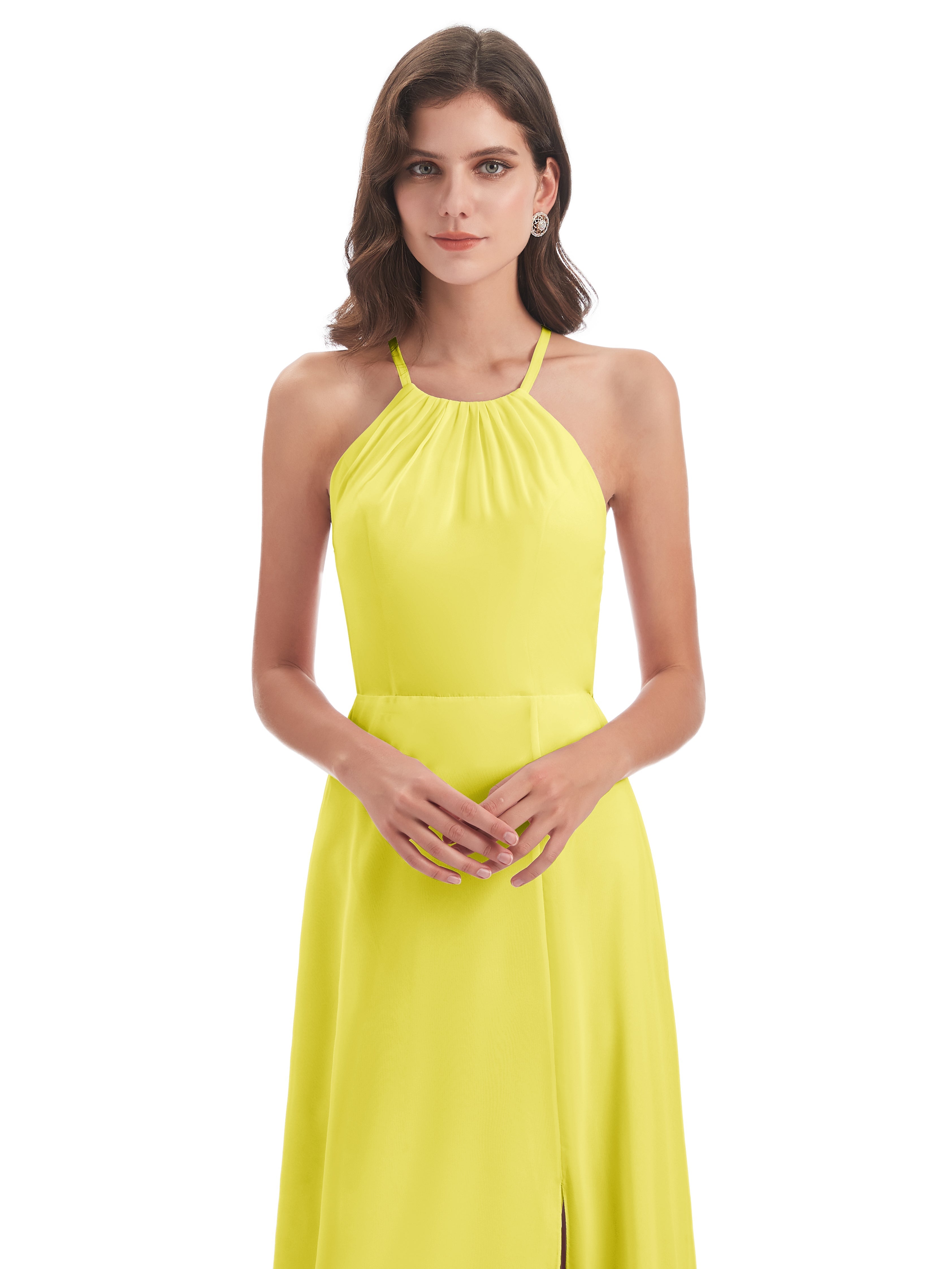Robes De Demoiselle D'Honneur Citron Dos Nu Licou Fendue Robes Demoiselle D'Honneur