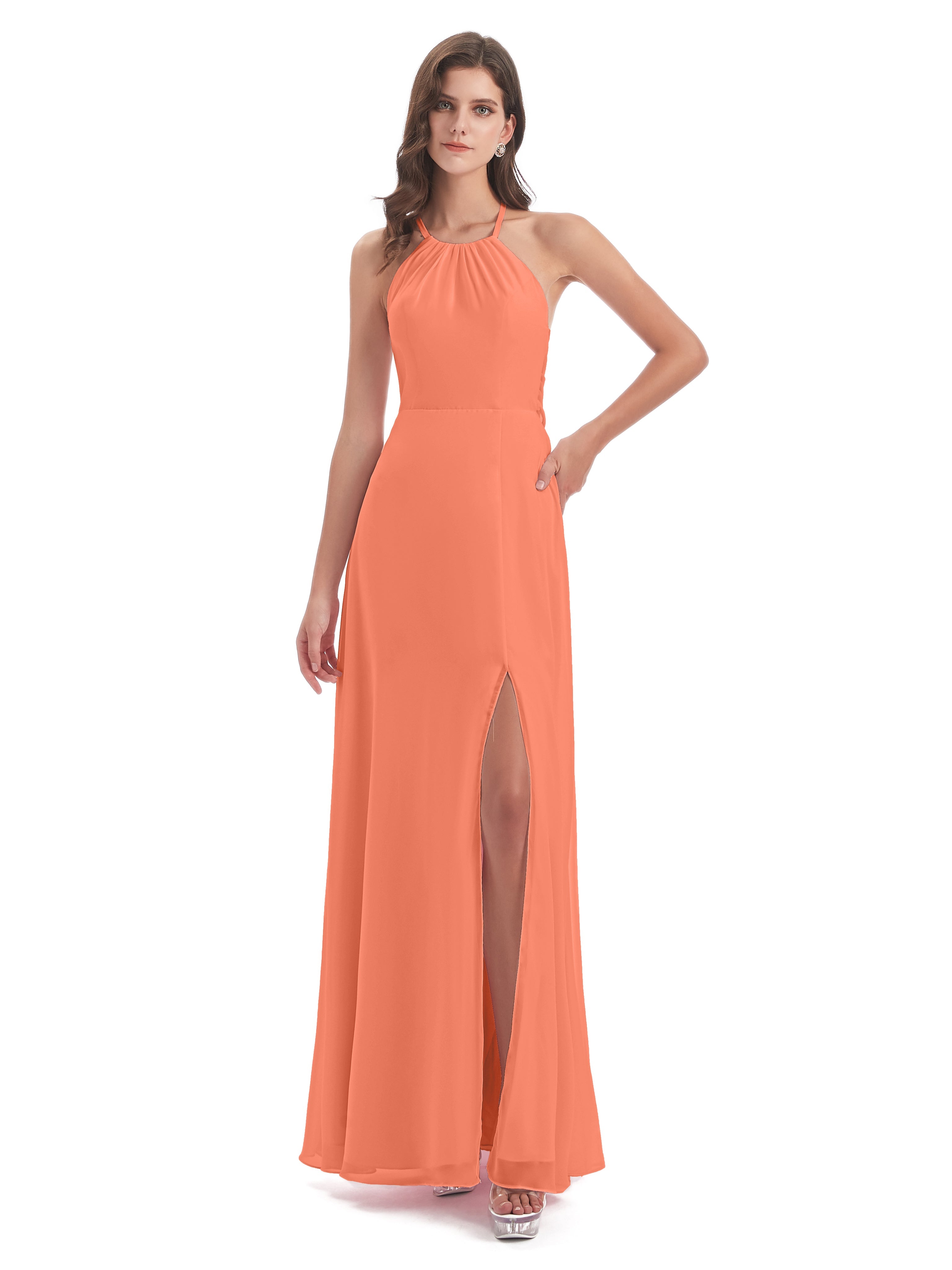 Robes De Demoiselle D'Honneur Coucher De Soleil Dos Nu Licou Fendue Robes Demoiselle D'Honneur