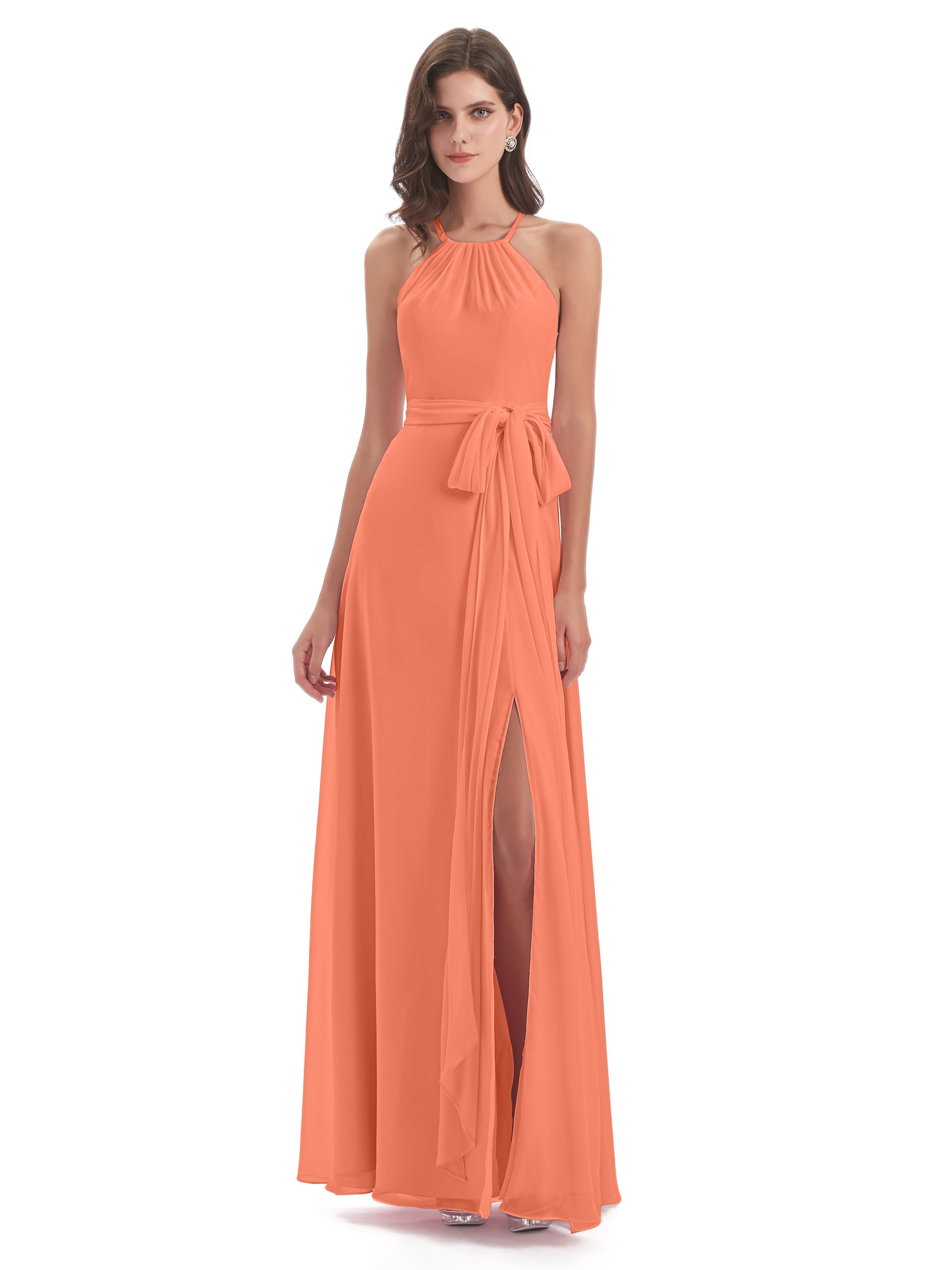 Robes De Demoiselle D'Honneur Coucher De Soleil Dos Nu Licou Fendue Robes Demoiselle D'Honneur