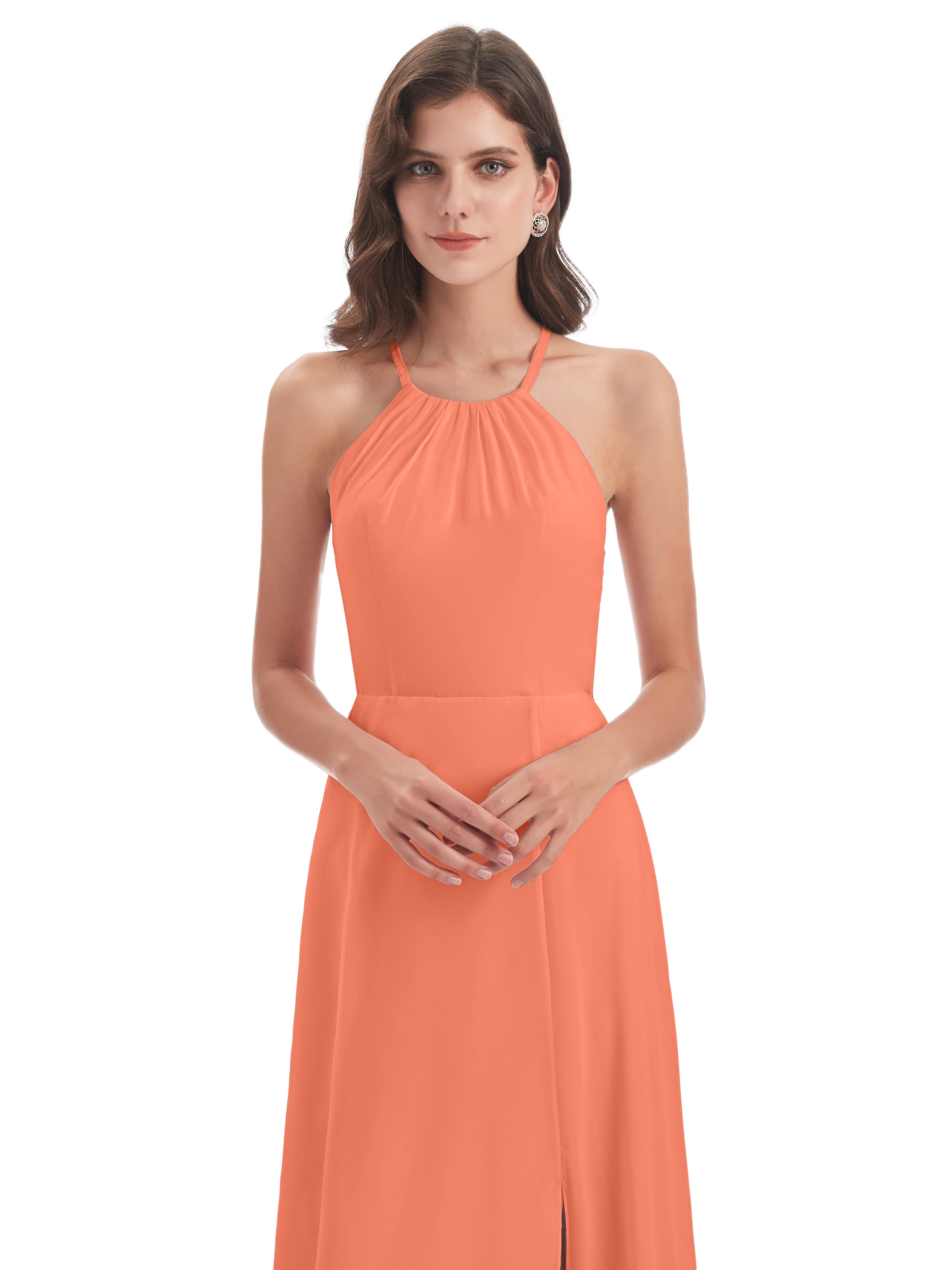 Robes De Demoiselle D'Honneur Coucher De Soleil Dos Nu Licou Fendue Robes Demoiselle D'Honneur