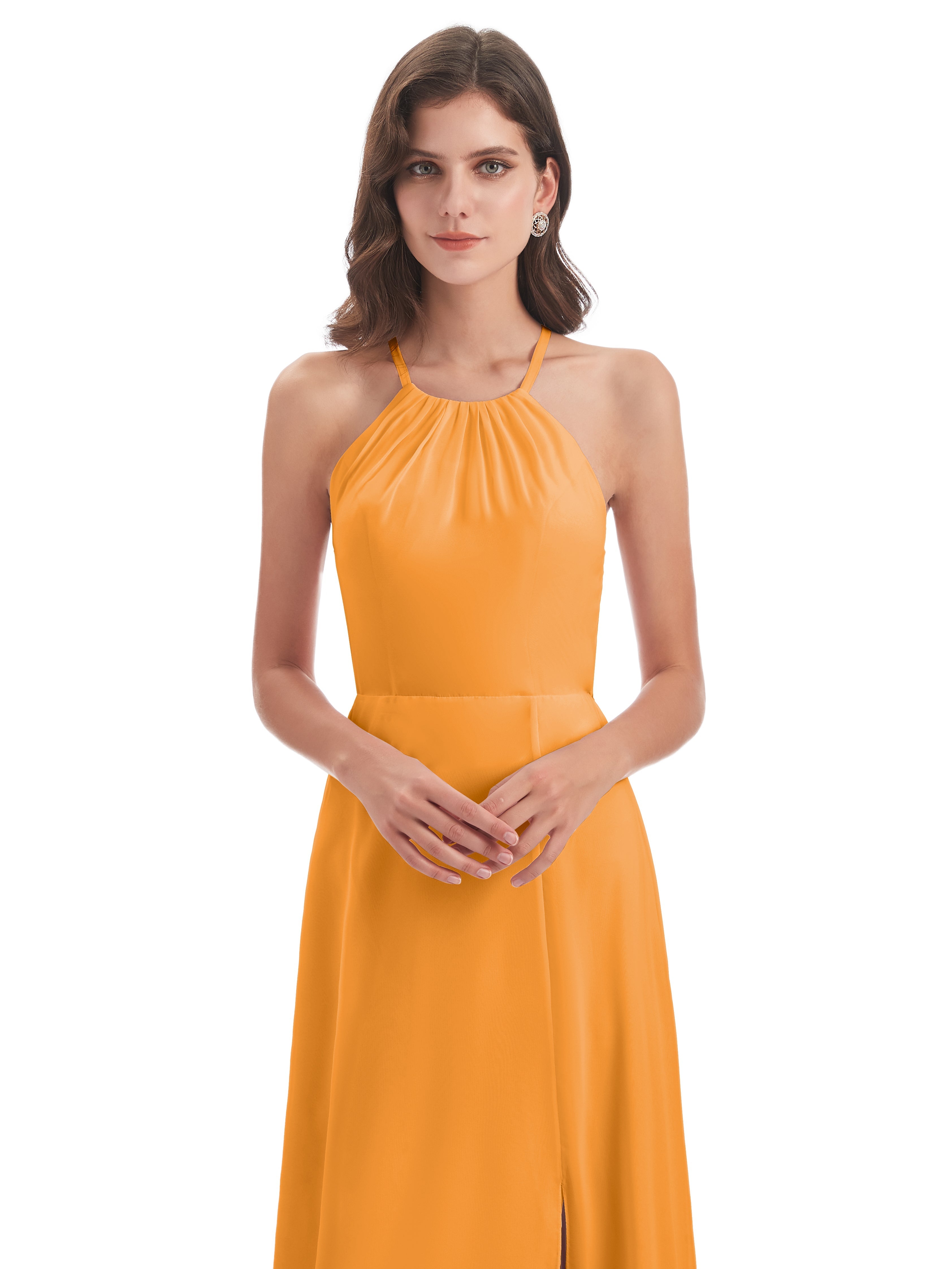 Robes De Demoiselle D'Honneur Mandarine Dos Nu Licou Fendue Robes Demoiselle D'Honneur