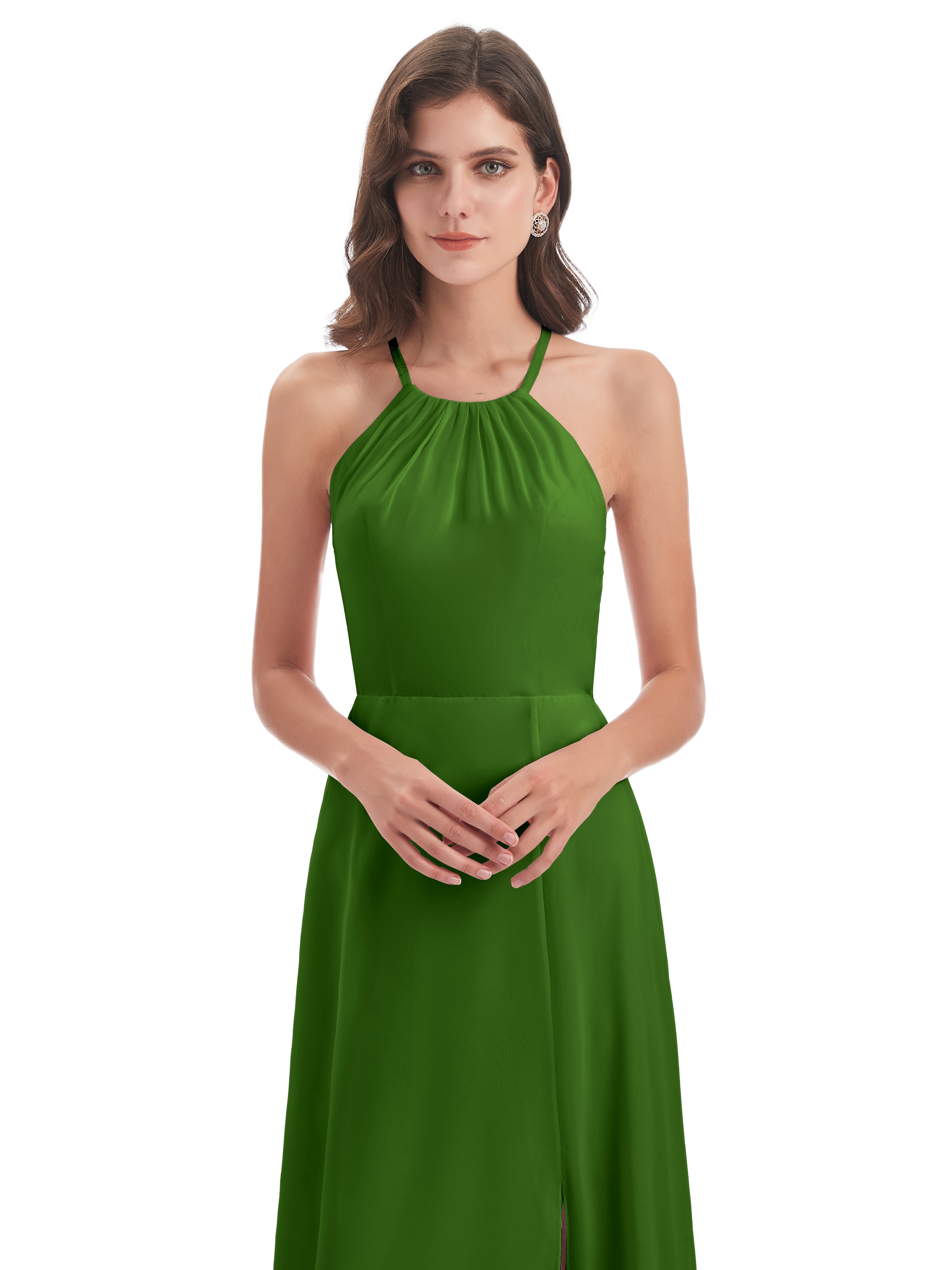 Robes De Demoiselle D'Honneur Vert Mousse Dos Nu Licou Fendue Robes Demoiselle D'Honneur