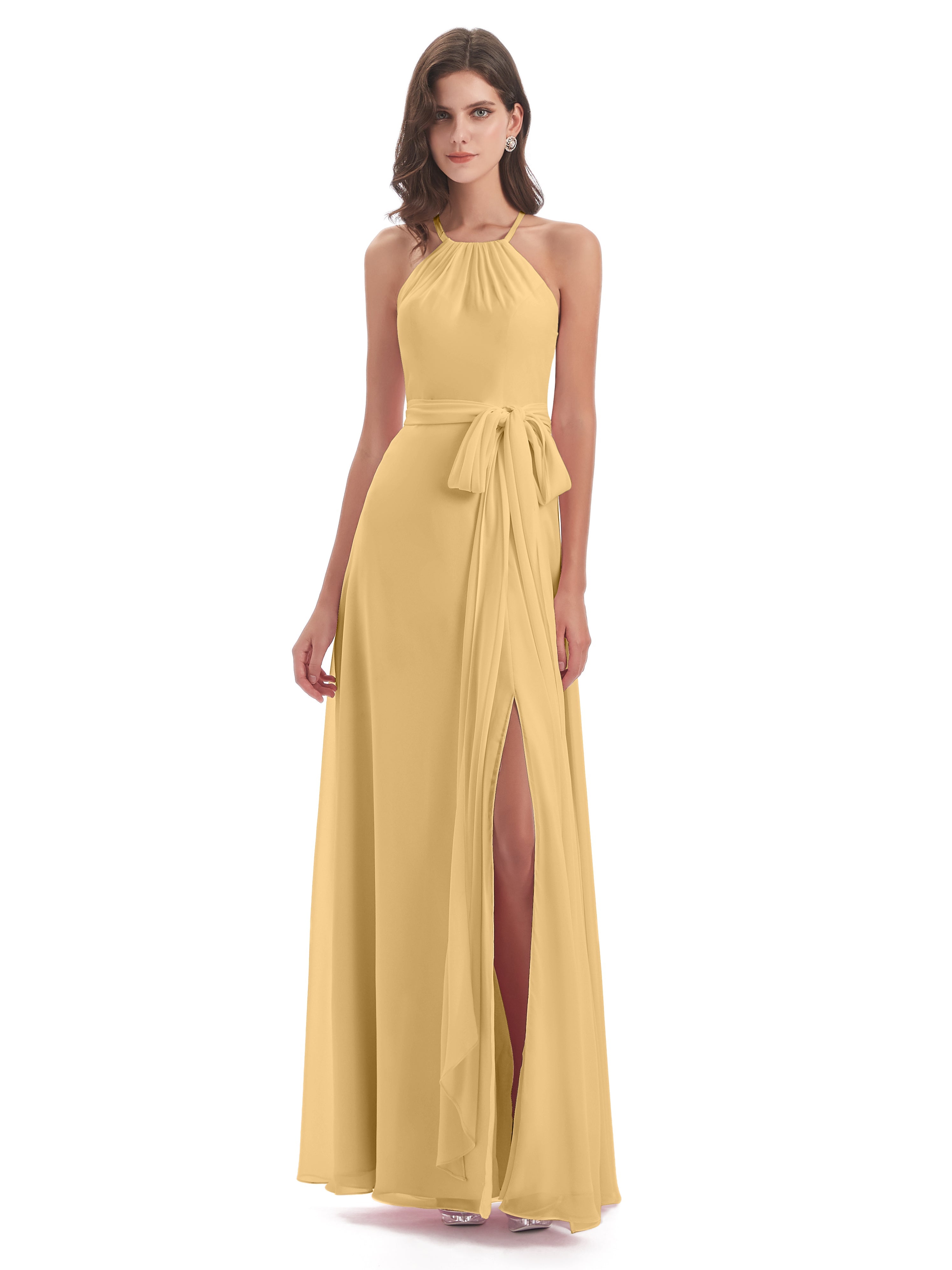 Demoiselle Robe Dorée Mariage Dos Nu Licou Fendue Robes Demoiselle D'Honneur
