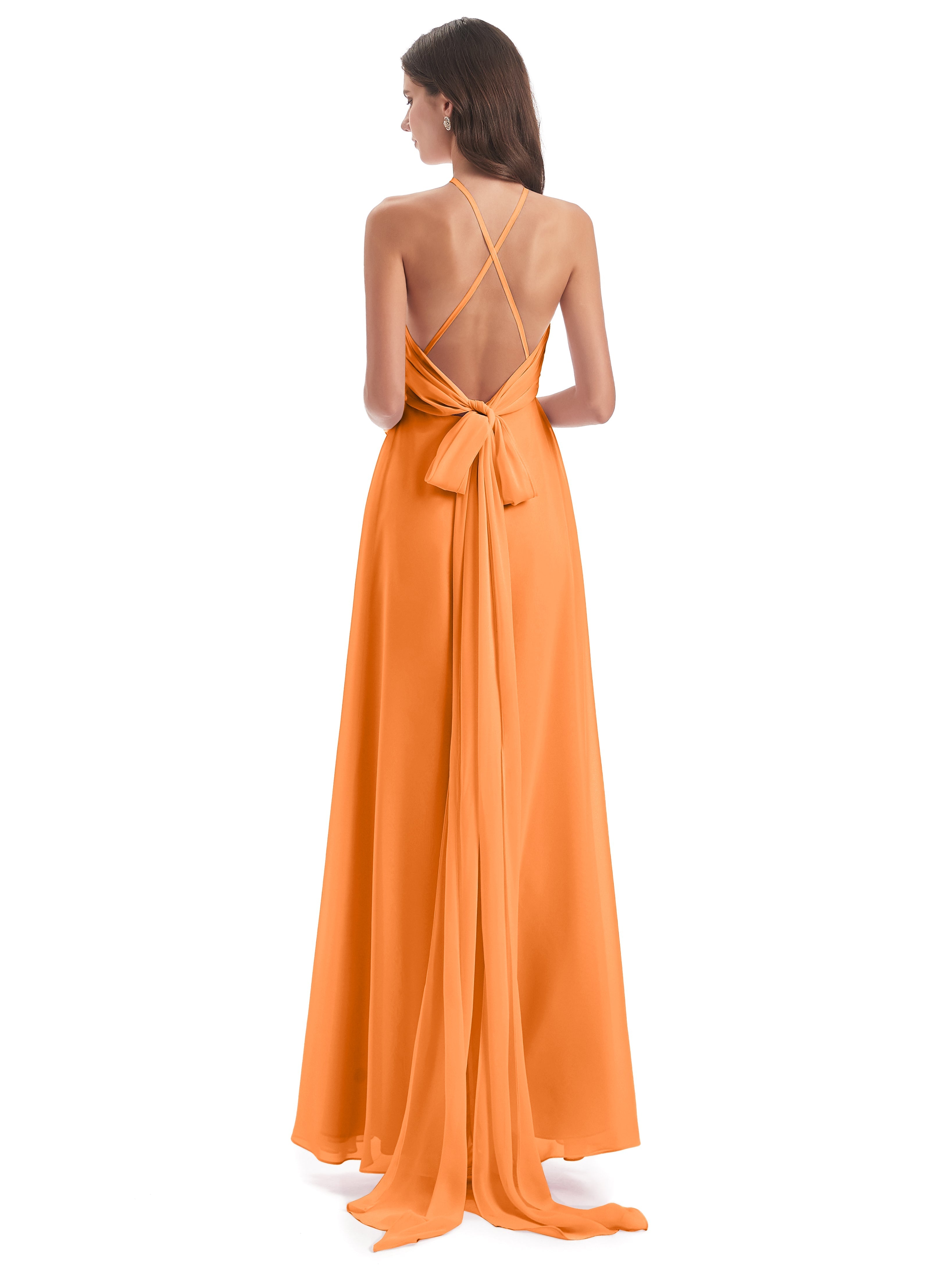 Robes De Demoiselle D'Honneur Orange Dos Nu Licou Fendue Robes Demoiselle D'Honneur