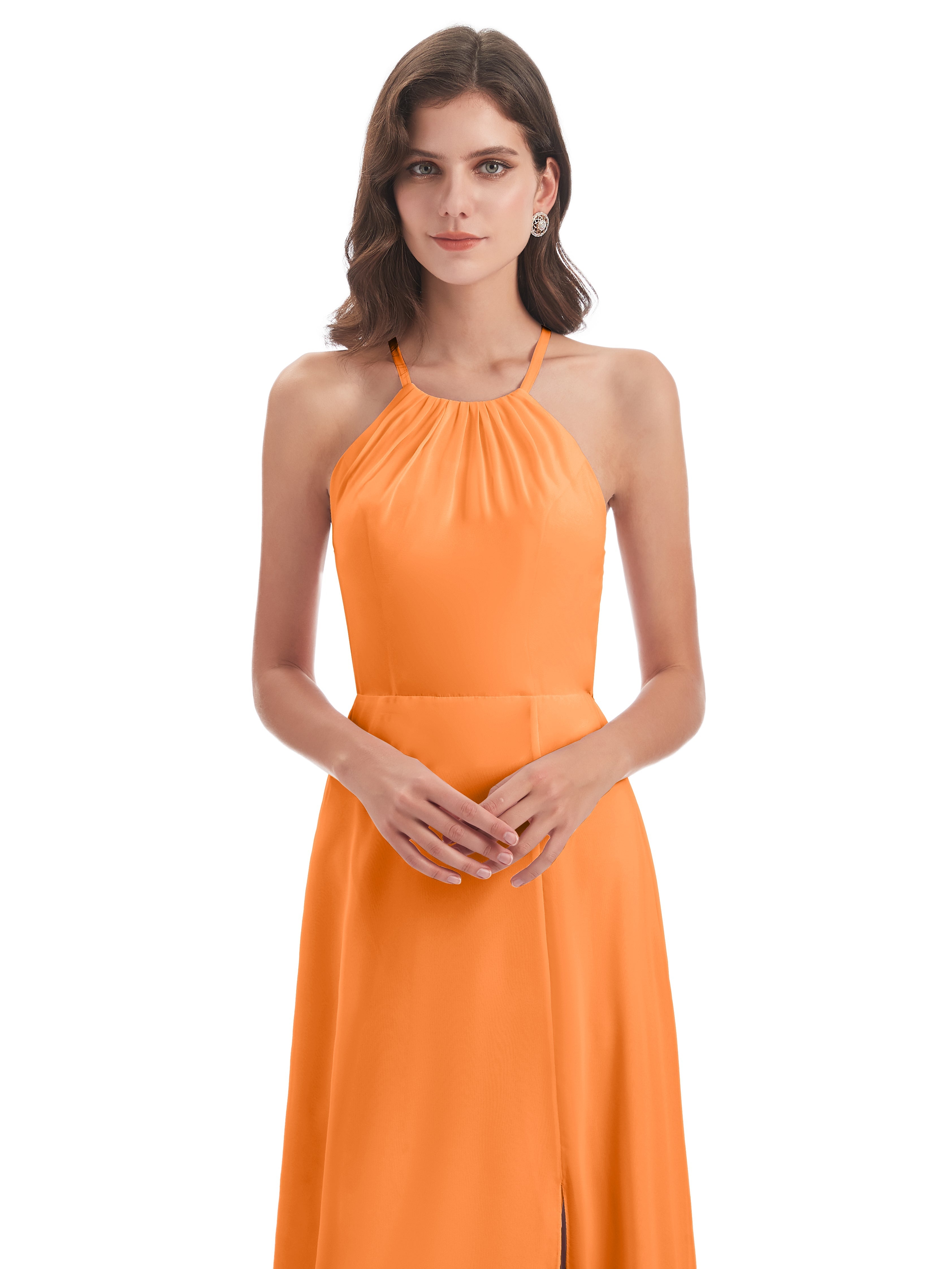 Robes De Demoiselle D'Honneur Orange Dos Nu Licou Fendue Robes Demoiselle D'Honneur