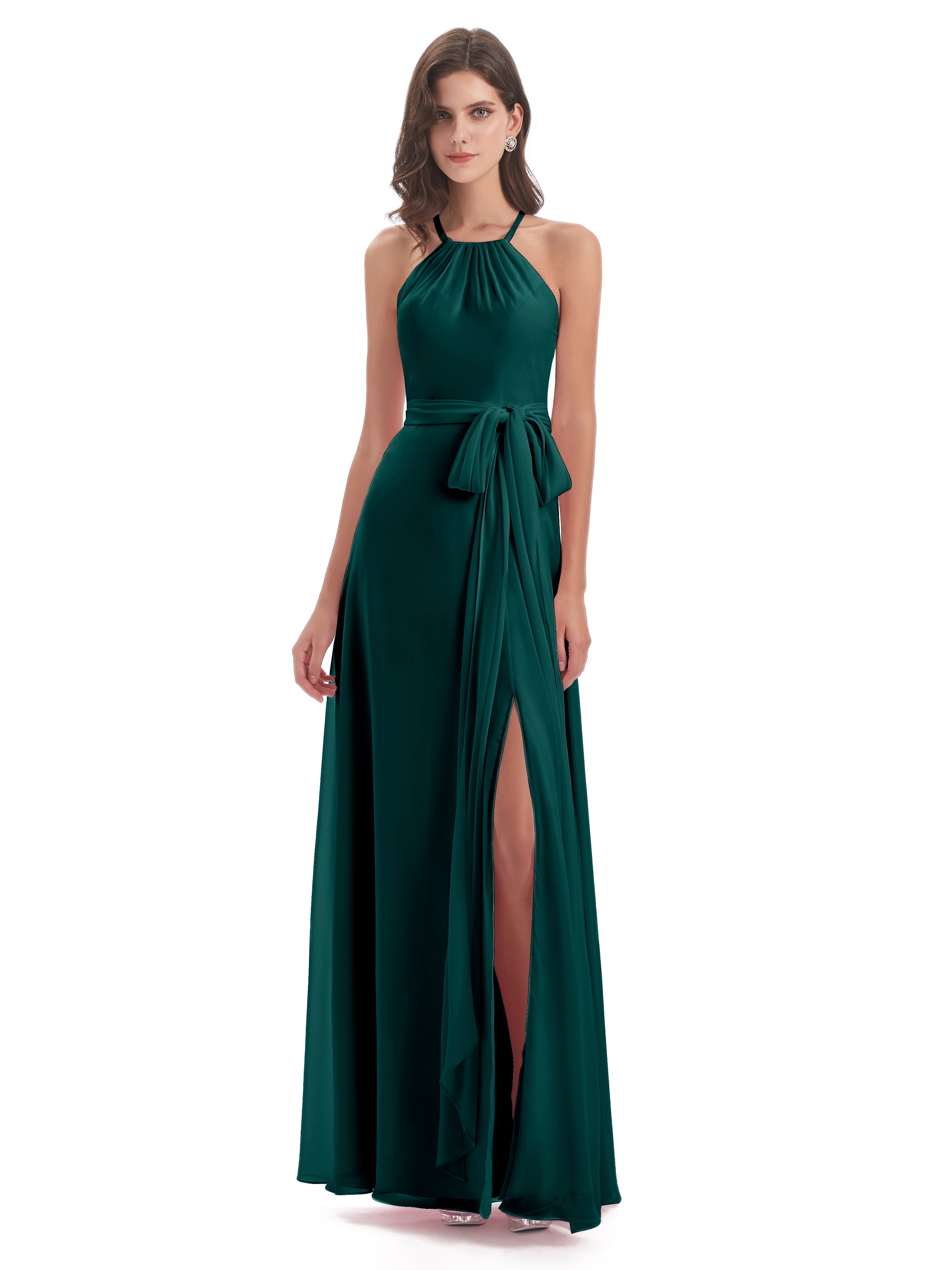 Robes De Demoiselle D'Honneur De Paon Dos Nu Licou Fendue Robes Demoiselle D'Honneur