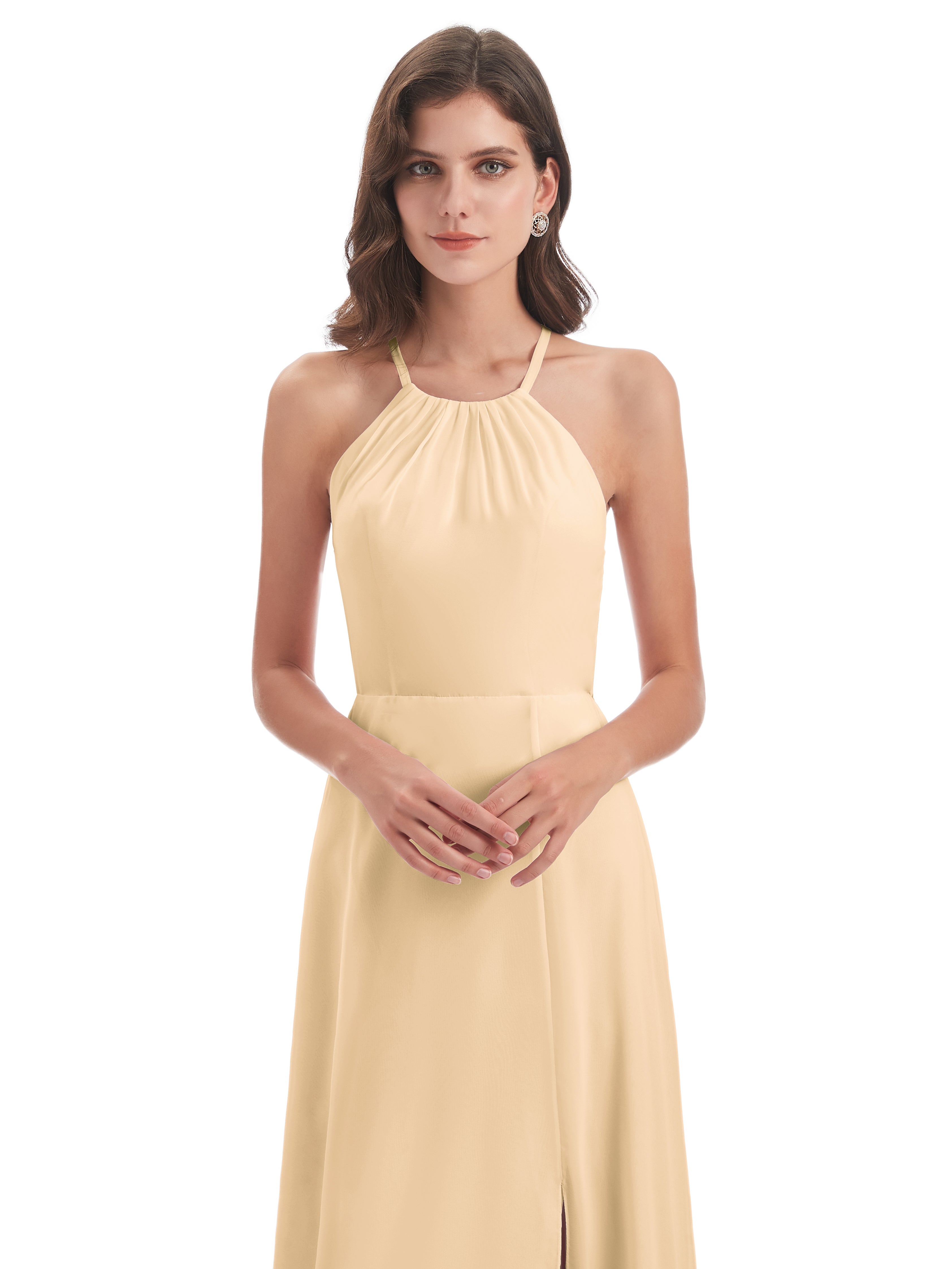 Robe De Demoiselle D Honneur Peche Dos Nu Licou Fendue Robes Demoiselle D'Honneur
