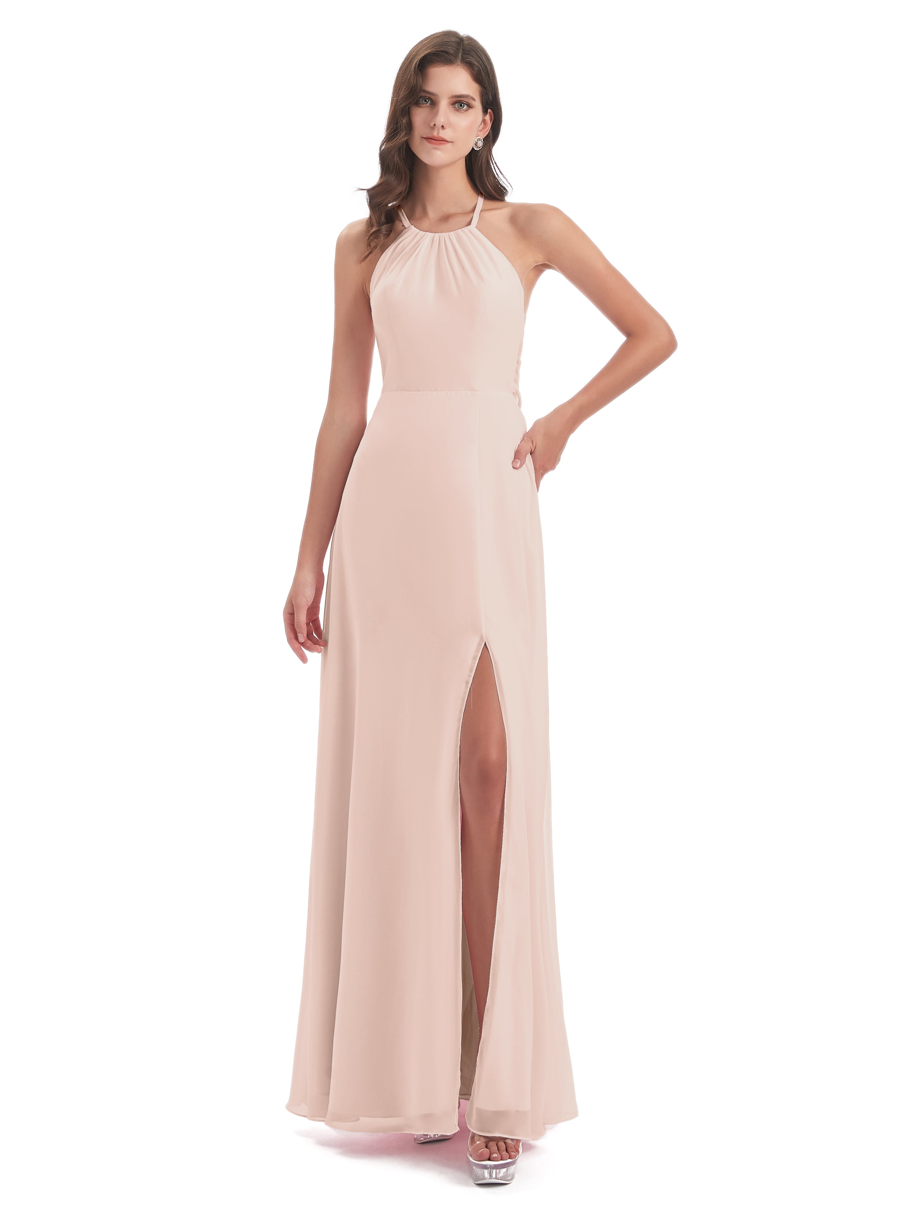 Robe Demoiselle D Honneur Rose Perle Dos Nu Licou Fendue Robes Demoiselle D'Honneur