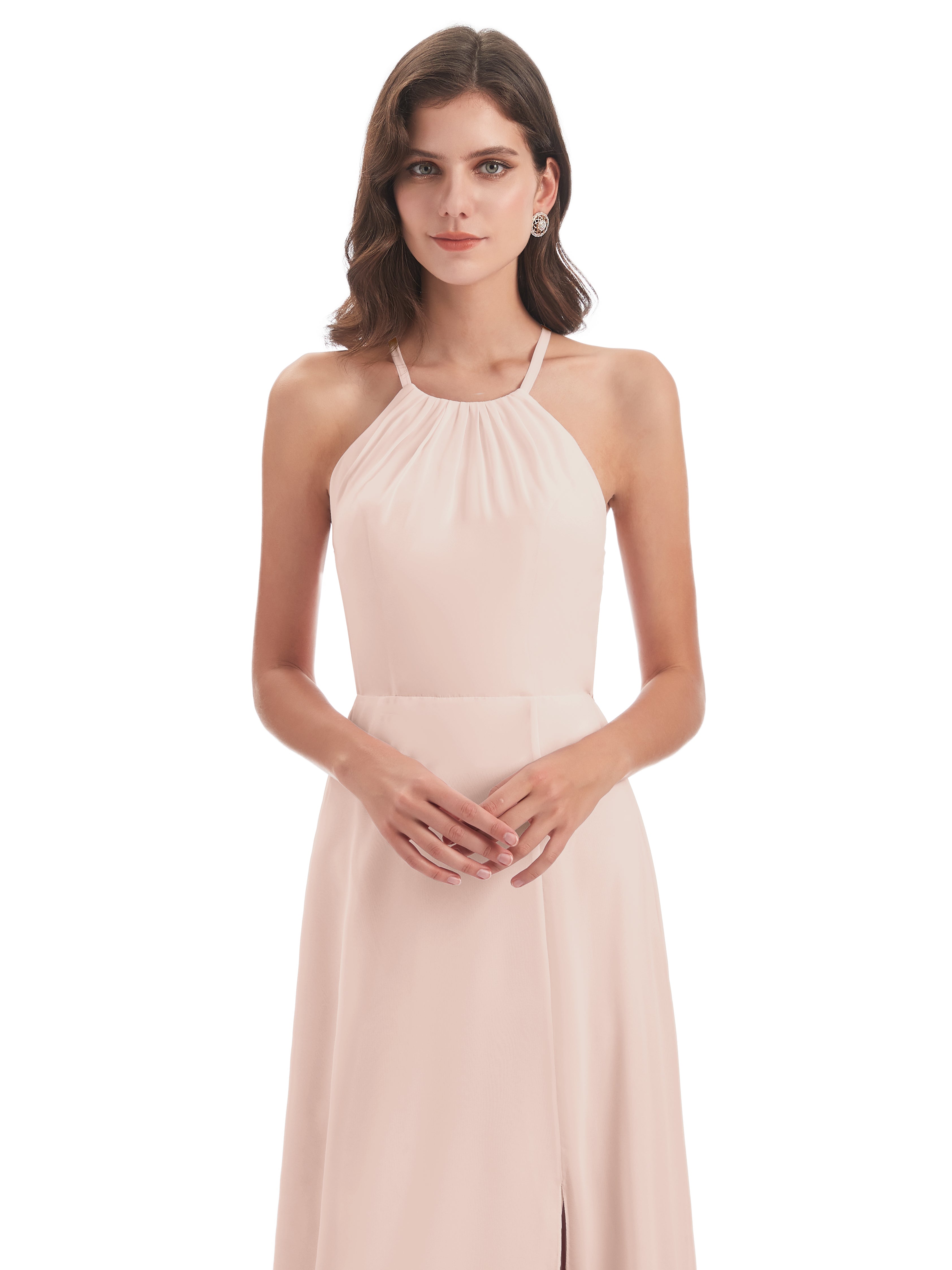Robe Demoiselle D Honneur Rose Perle Dos Nu Licou Fendue Robes Demoiselle D'Honneur