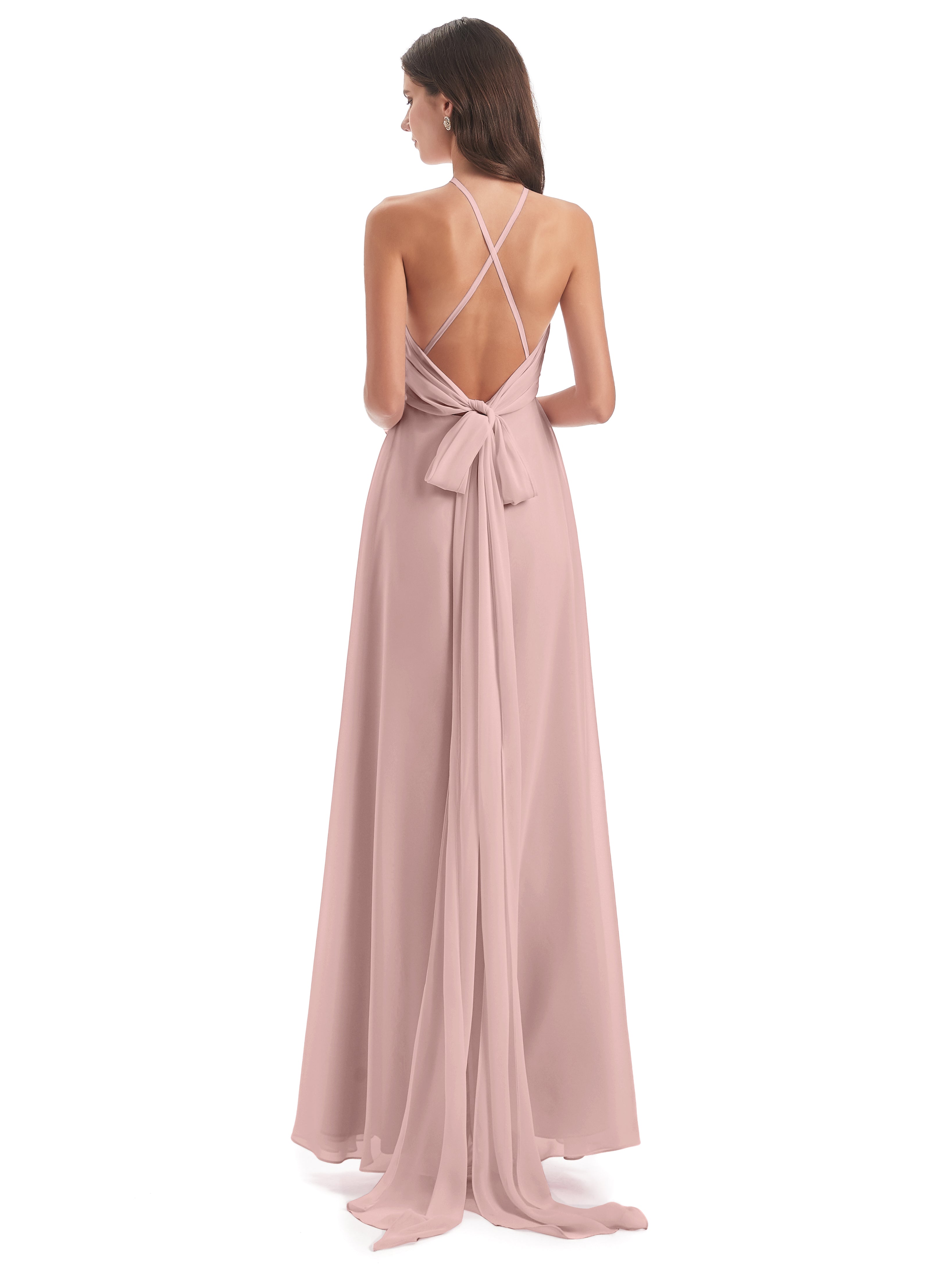 Poudree Robe Demoiselle D Honneur Rose Dos Nu Licou Fendue Robes Demoiselle D'Honneur