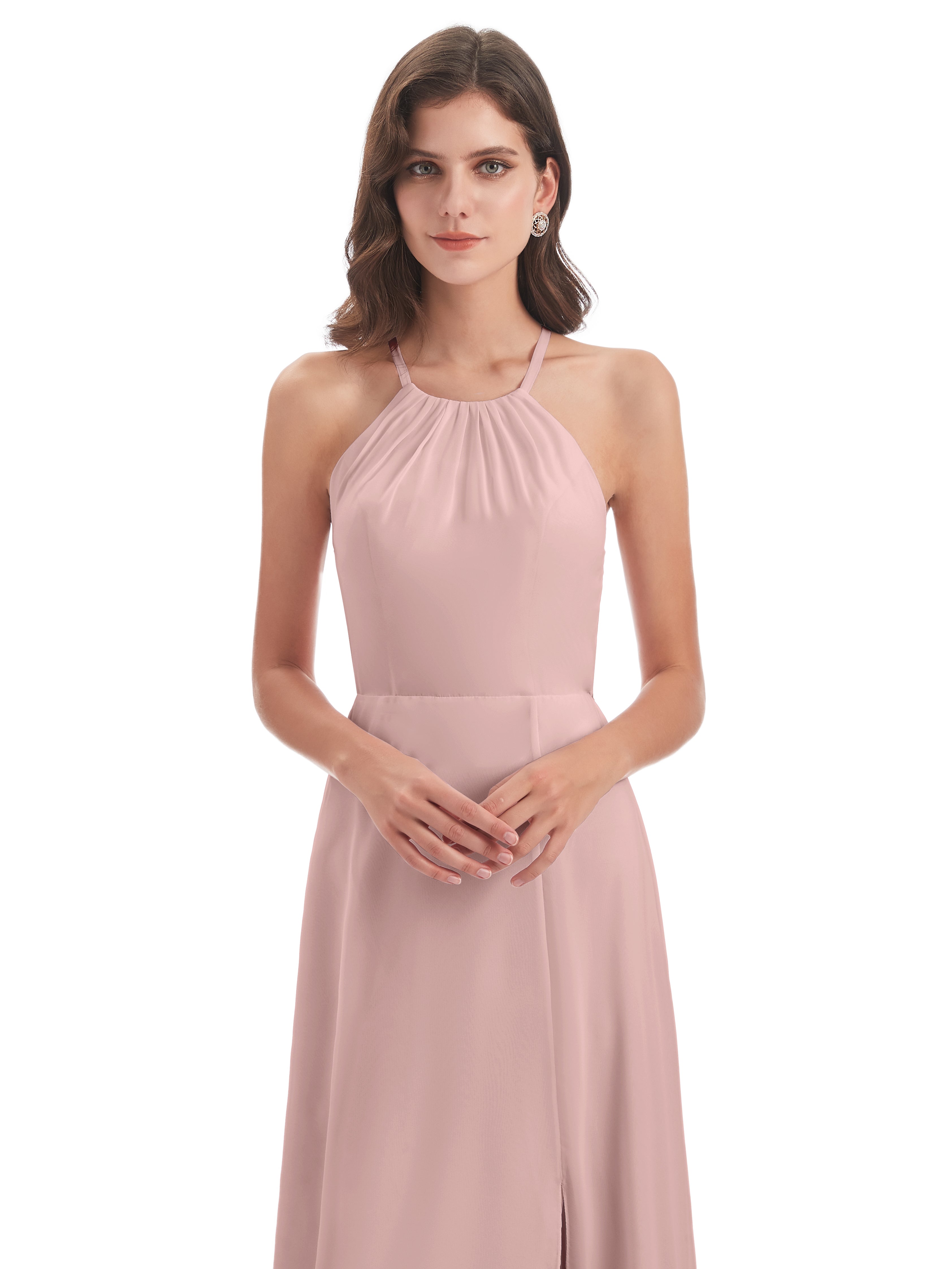 Poudree Robe Demoiselle D Honneur Rose Dos Nu Licou Fendue Robes Demoiselle D'Honneur