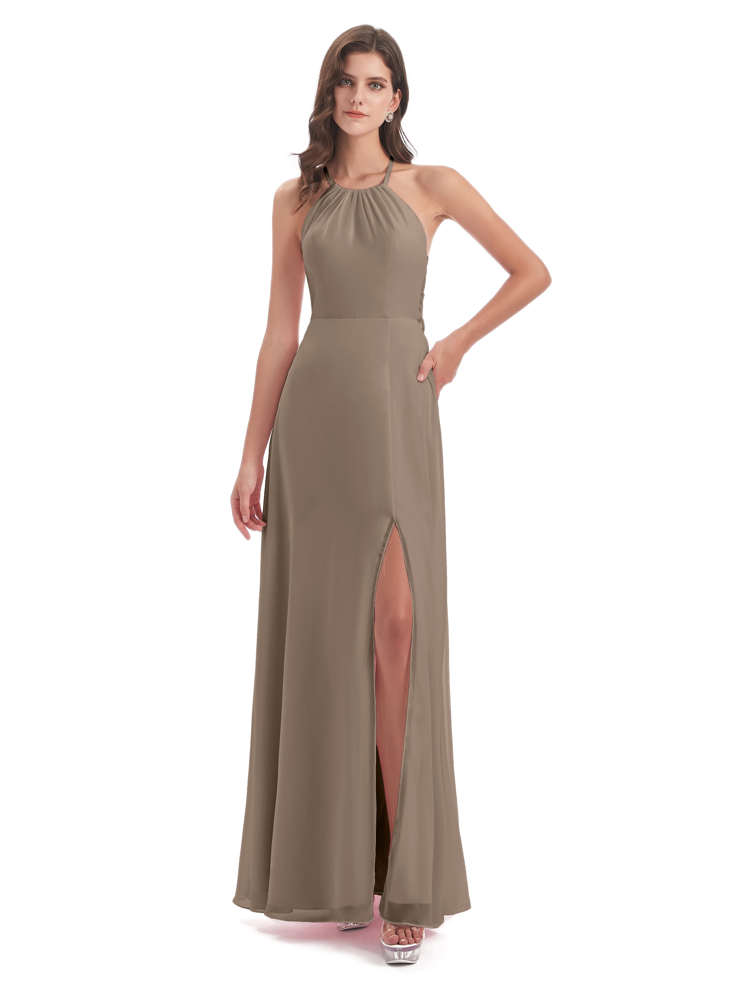 Robe De Couleur Taupe Dos Nu Licou Fendue Robes Demoiselle D'Honneur