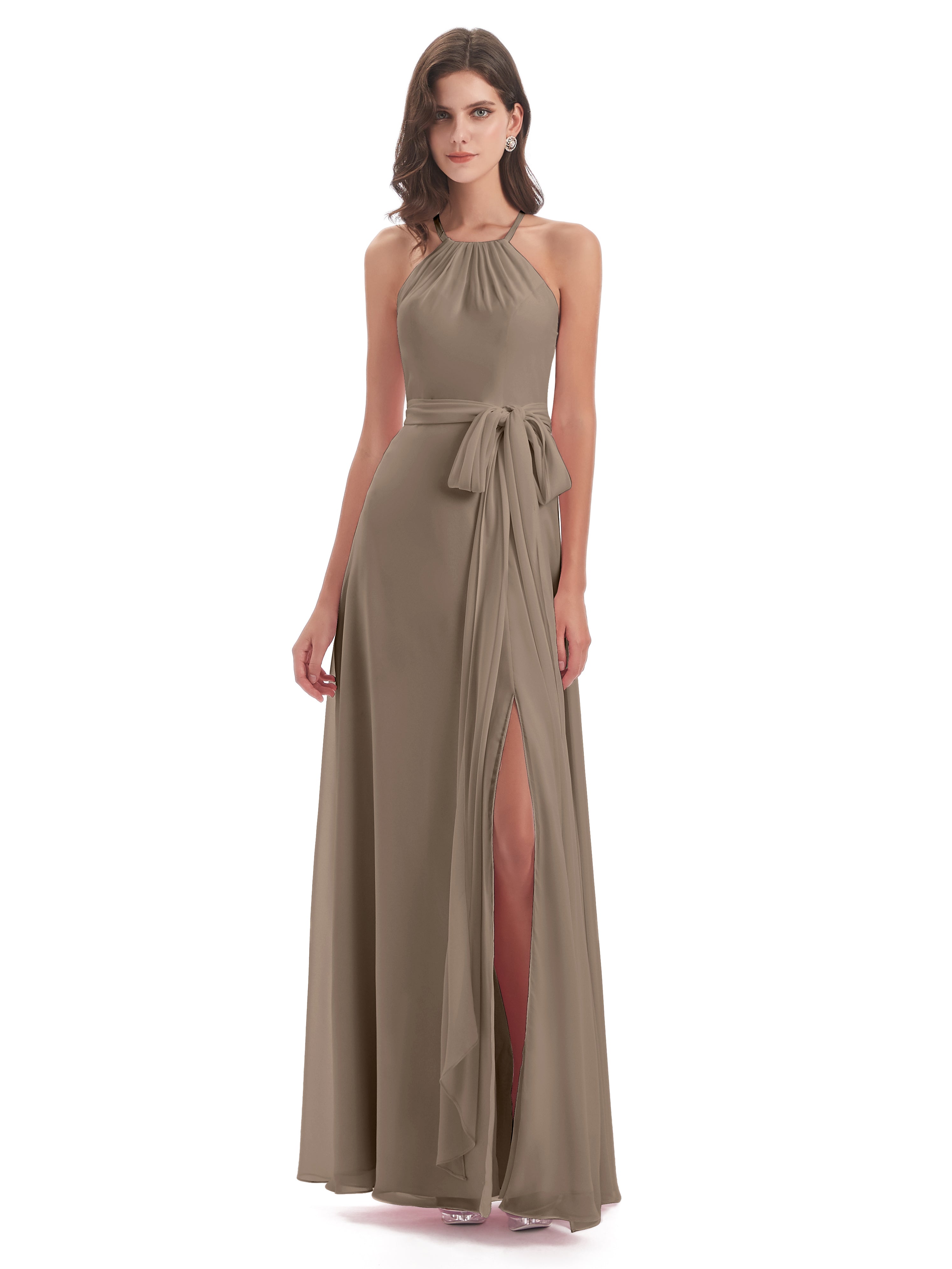 Robe De Couleur Taupe Dos Nu Licou Fendue Robes Demoiselle D'Honneur