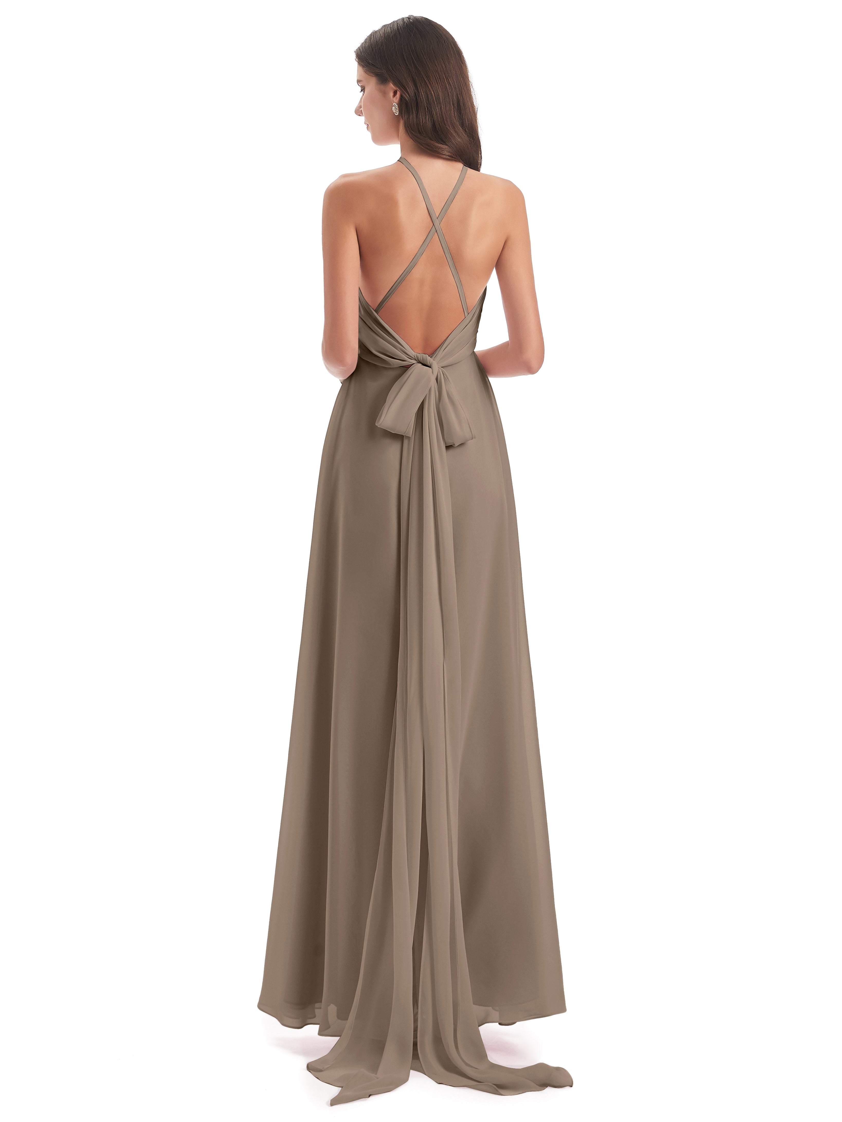 Robe De Couleur Taupe Dos Nu Licou Fendue Robes Demoiselle D'Honneur