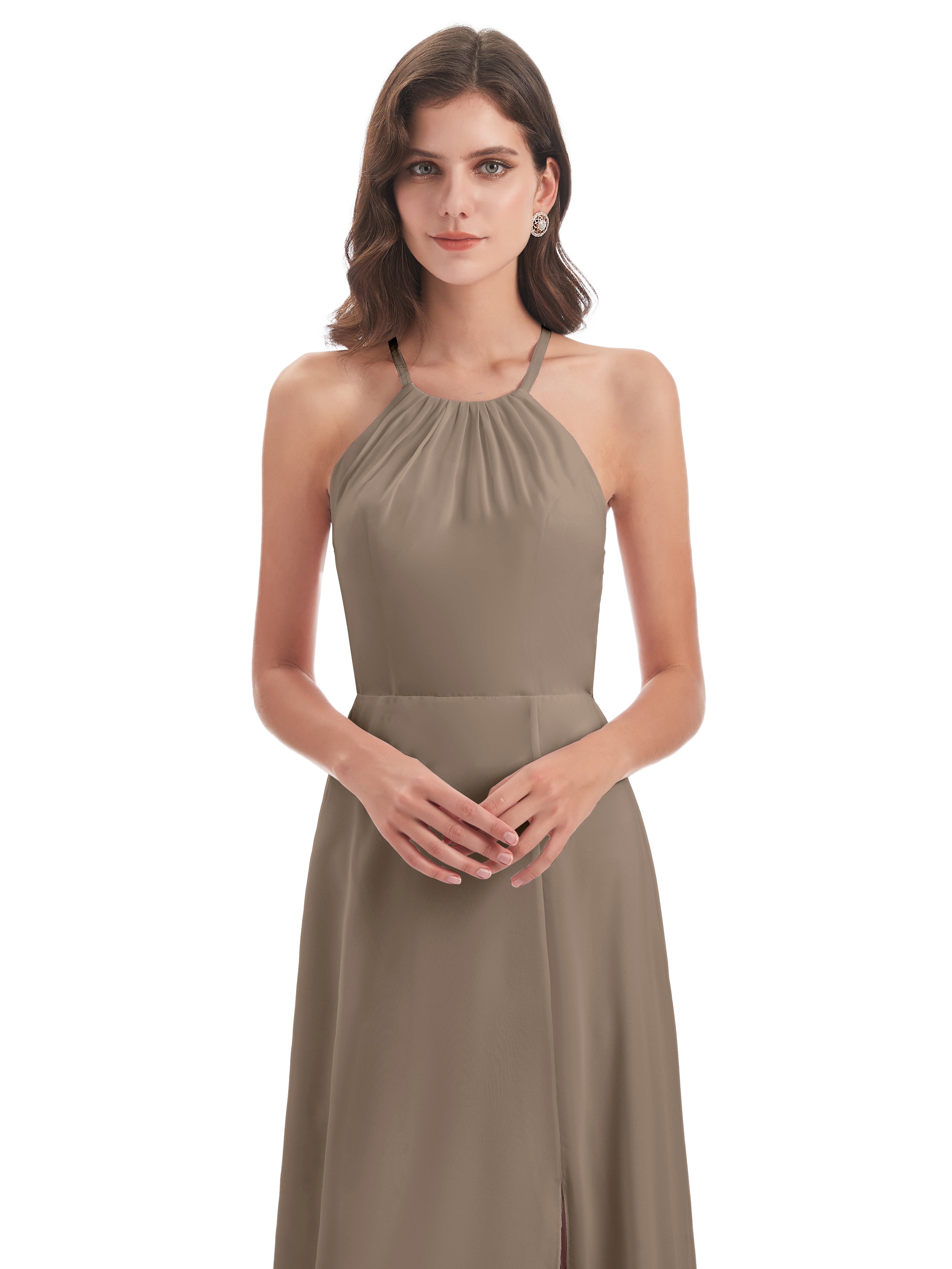 Robe De Couleur Taupe Dos Nu Licou Fendue Robes Demoiselle D'Honneur