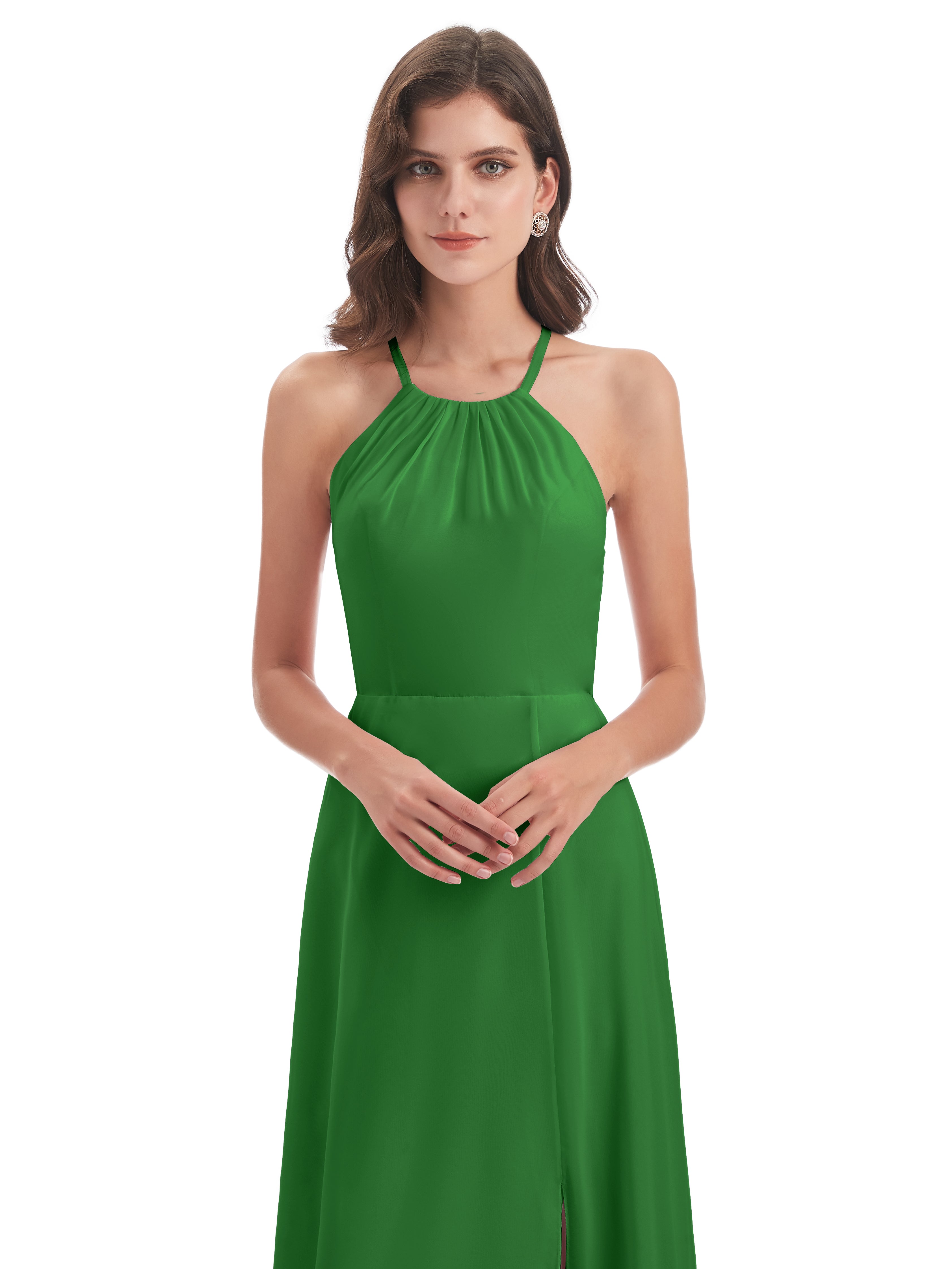 Robe De Demoiselle D'Honneur Verte Dos Nu Licou Fendue Robes Demoiselle D'Honneur
