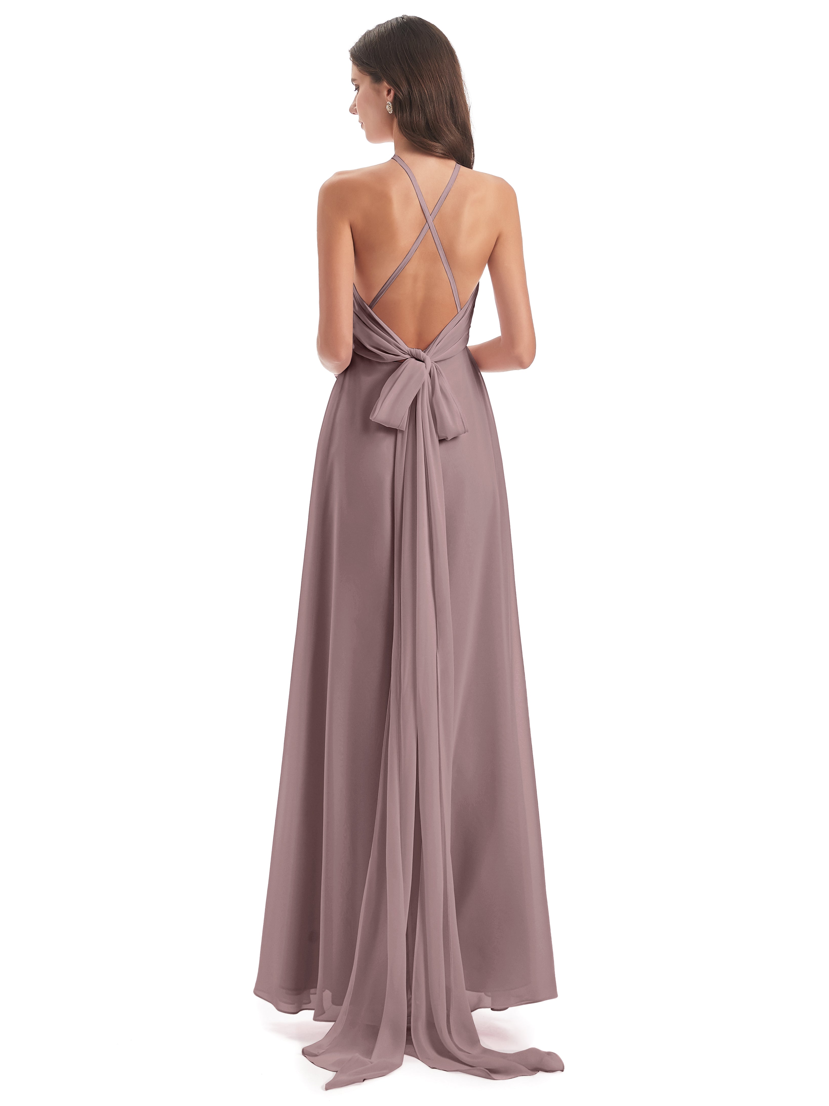 Robes De Demoiselle D'Honneur Mauve Foncé Dos Nu Licou Fendue Robes Demoiselle D'Honneur