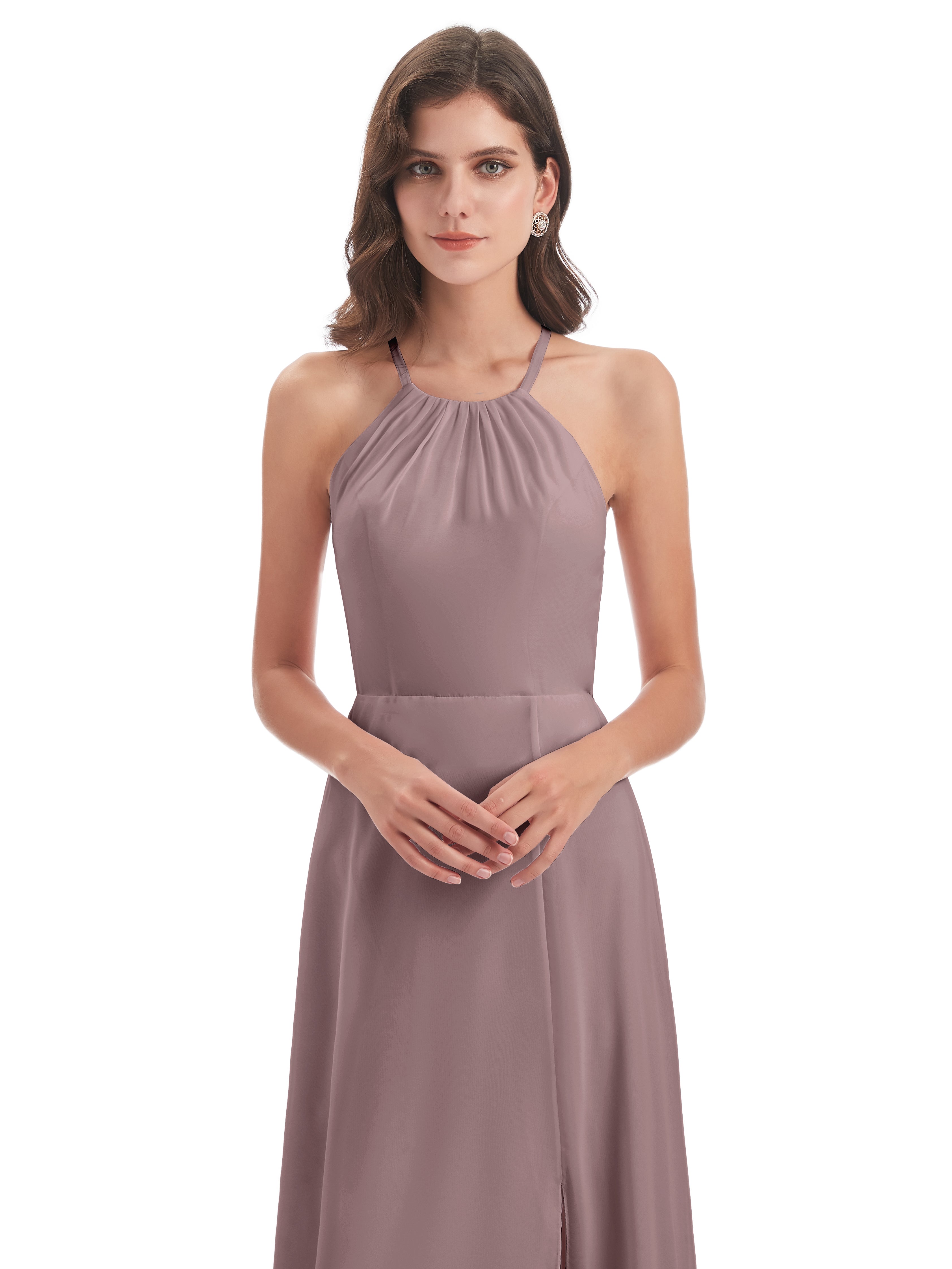Robes De Demoiselle D'Honneur Mauve Foncé Dos Nu Licou Fendue Robes Demoiselle D'Honneur