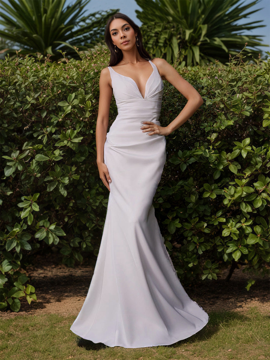 Cicinia Robe de Mariée Longue Fourreau sans Manches Col V Dos Nud Blanc Ravissante