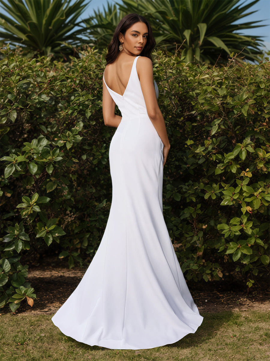 Cicinia Robe de Mariée Longue Fourreau sans Manches Col V Dos Nud Blanc Ravissante