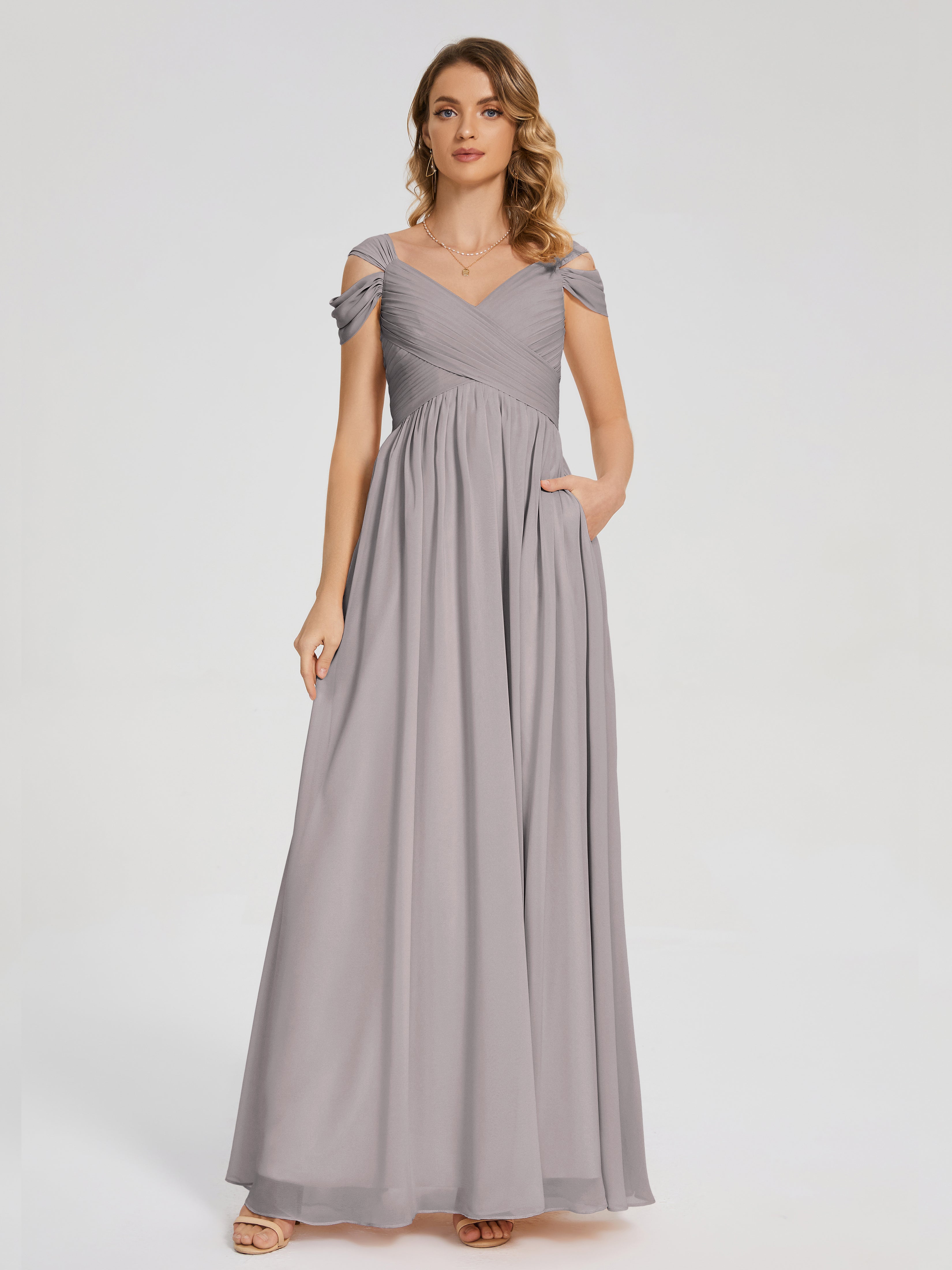 Robe Demoiselle D Honneur Argent Fendue Col V Dos En V Mousseline Robes Demoiselle D'Honneur