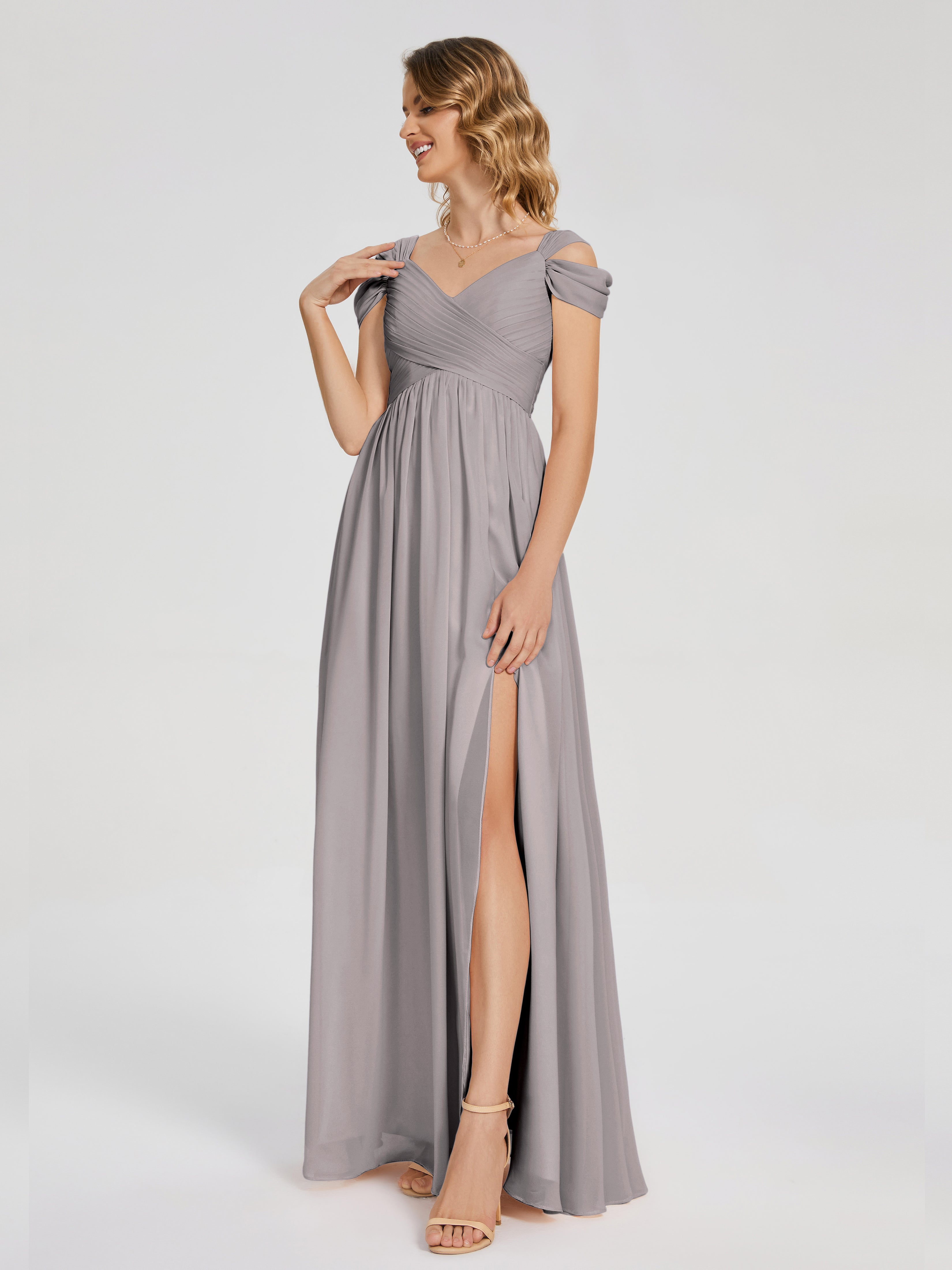 Robe Demoiselle D Honneur Argent Fendue Col V Dos En V Mousseline Robes Demoiselle D'Honneur
