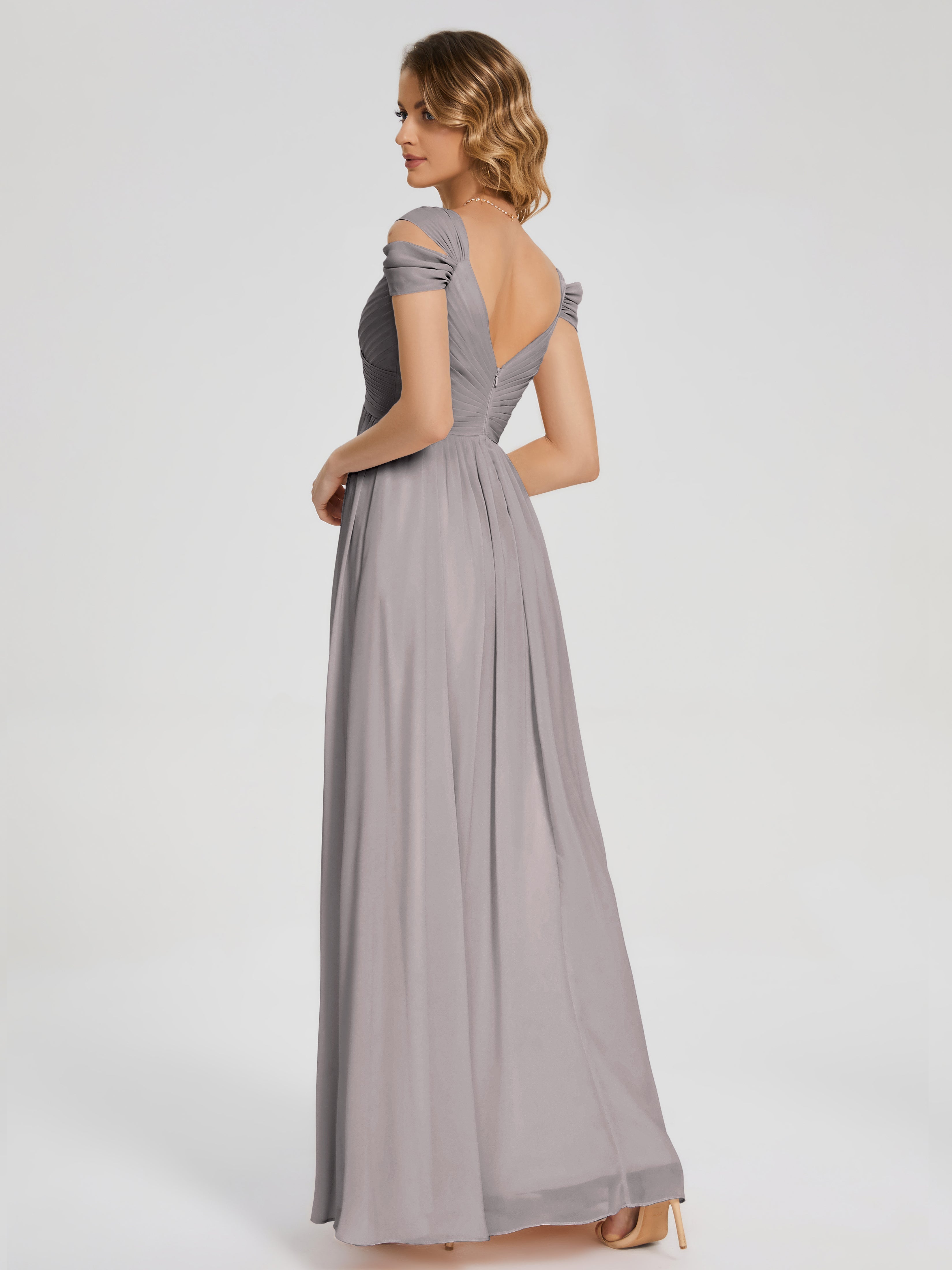 Robe Demoiselle D Honneur Argent Fendue Col V Dos En V Mousseline Robes Demoiselle D'Honneur