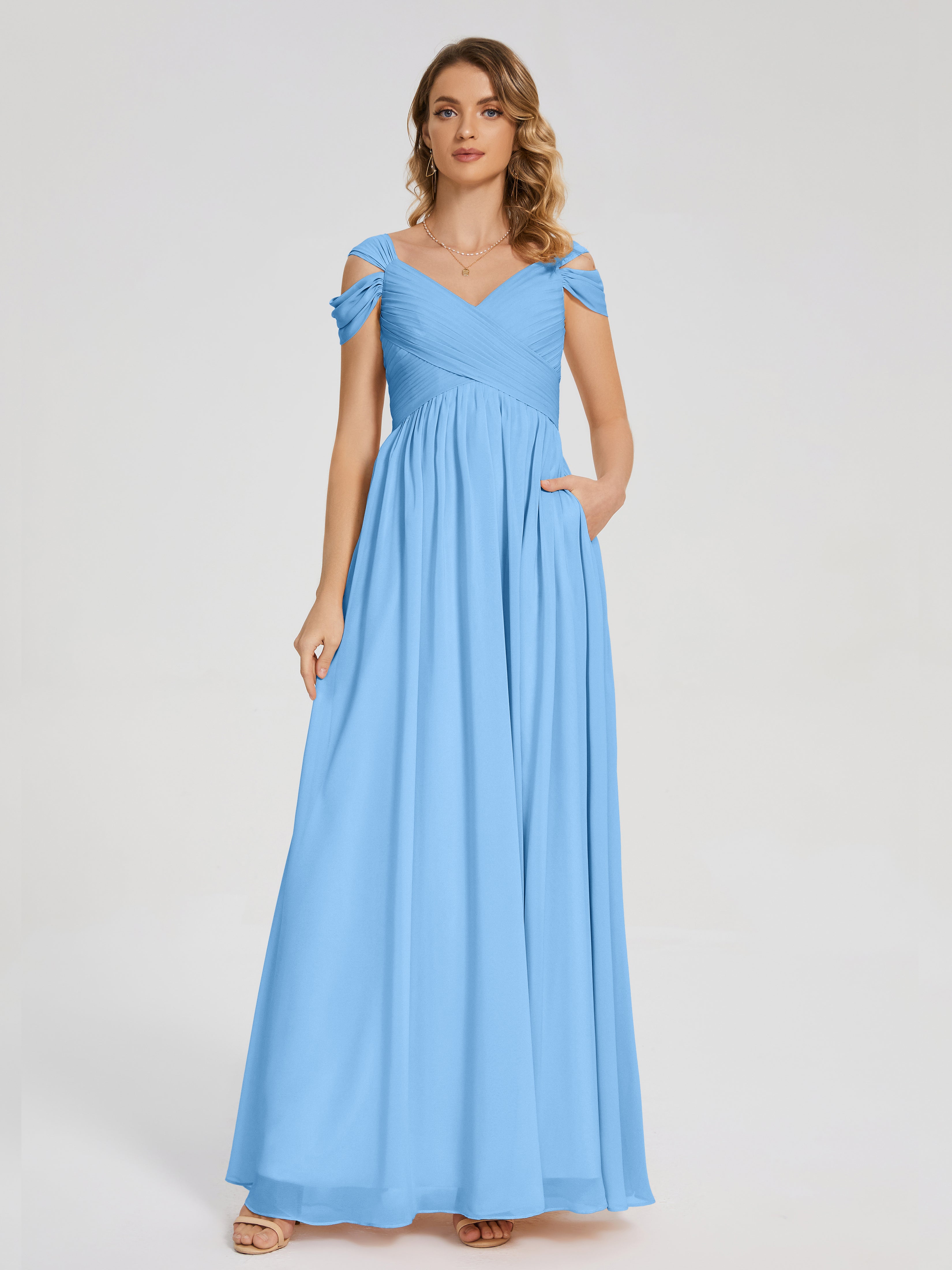 Robes De Demoiselle D'Honneur Bleu Clair Fendue Col V Dos En V Mousseline Robes Demoiselle D'Honneur