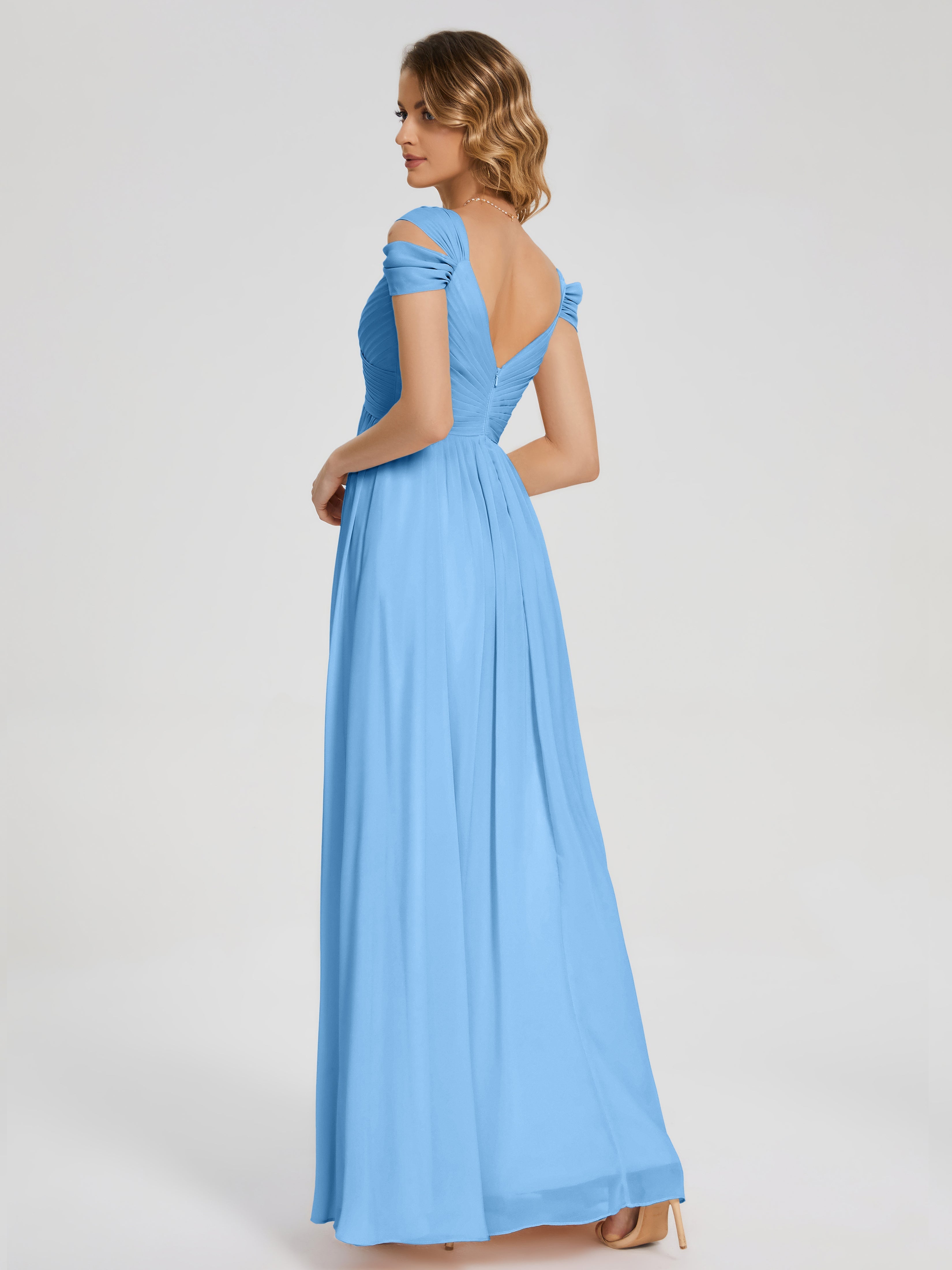 Robes De Demoiselle D'Honneur Bleu Clair Fendue Col V Dos En V Mousseline Robes Demoiselle D'Honneur