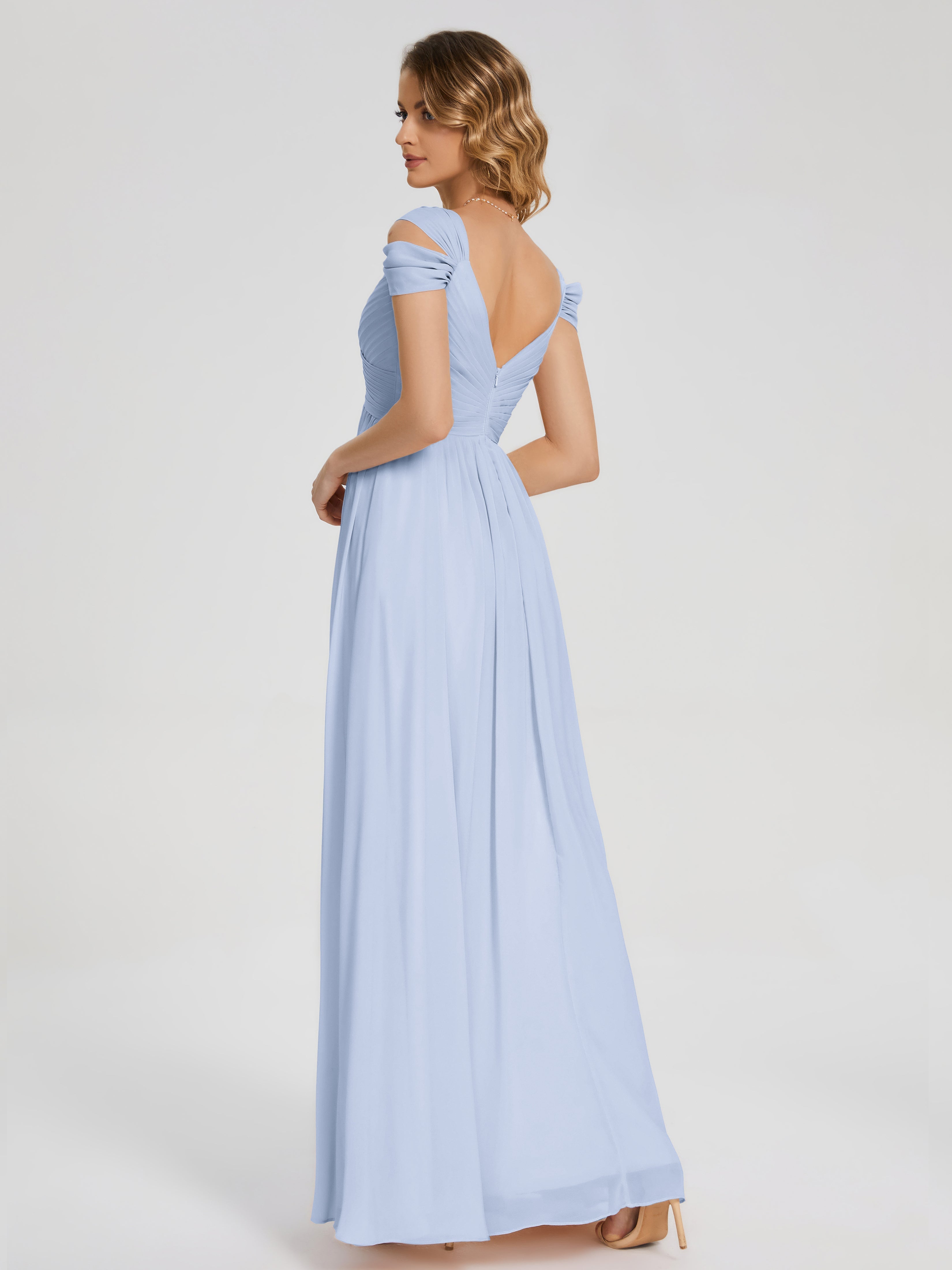 Robe Bleu Ciel Demoiselle D Honneur Fendue Col V Dos En V Mousseline Robes Demoiselle D'Honneur